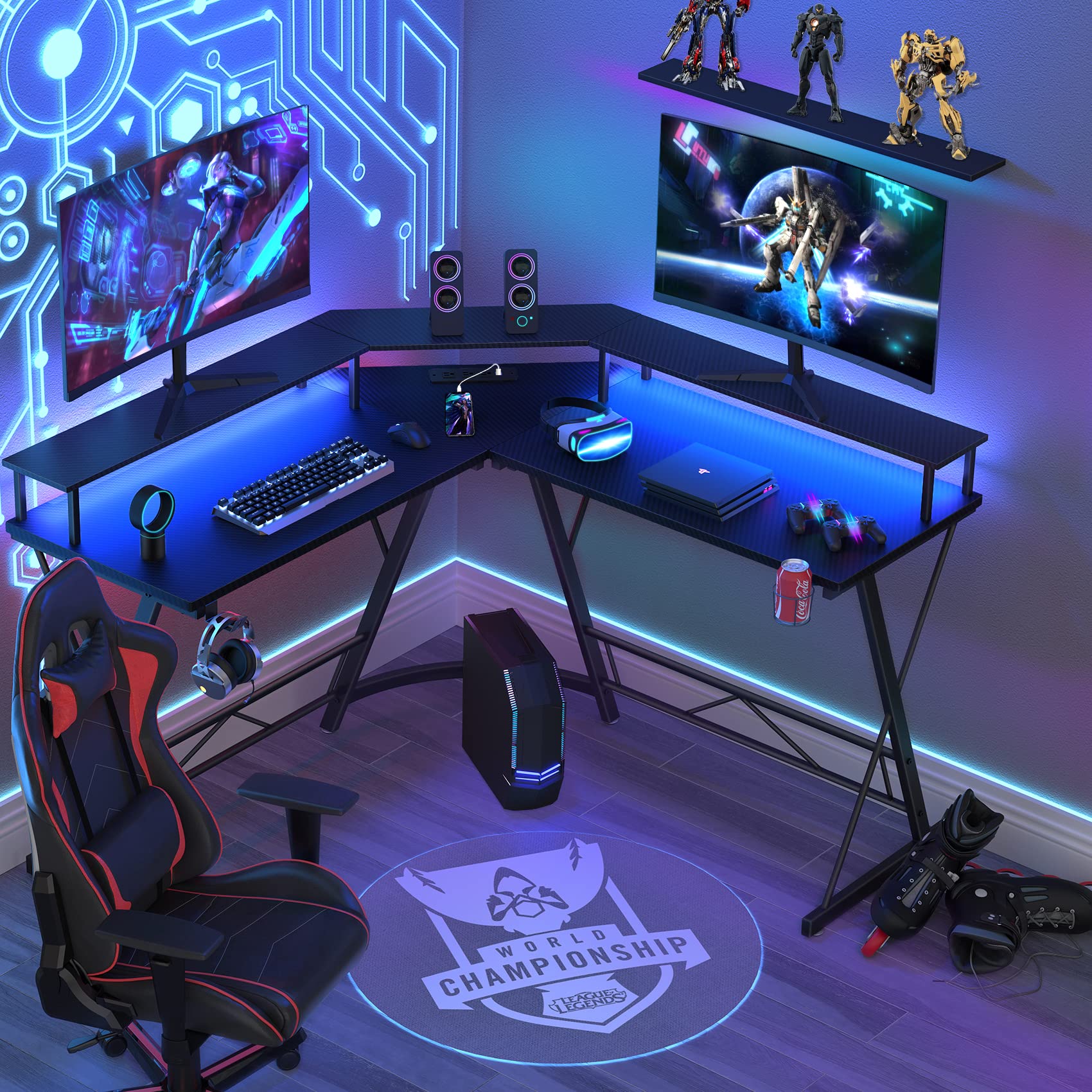 Mr IRONSTONE Gaming Desk with Led Lights and Power Strip L Shaped Desk Corner Computer Desk with
