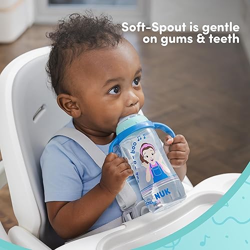 Miniatura 4 de NUK Taza de aprendizaje, Ms. Rachel, 10 onzas, 8+ meses, paquete de 2  boquilla suave, asas de fácil agarre, sin BPA, taza de transición a prueba de
