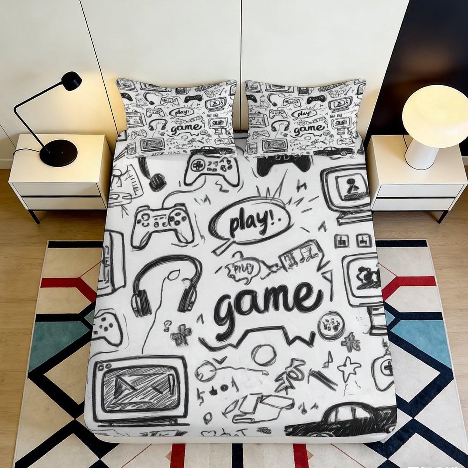 Pnayamiorkfel Style-1 3D Printed Gaming Doodle Fitted Sheet Microfiber Soft Breathable Comic Controller Bed Cover Bedroom Decor 90X200x25cm
