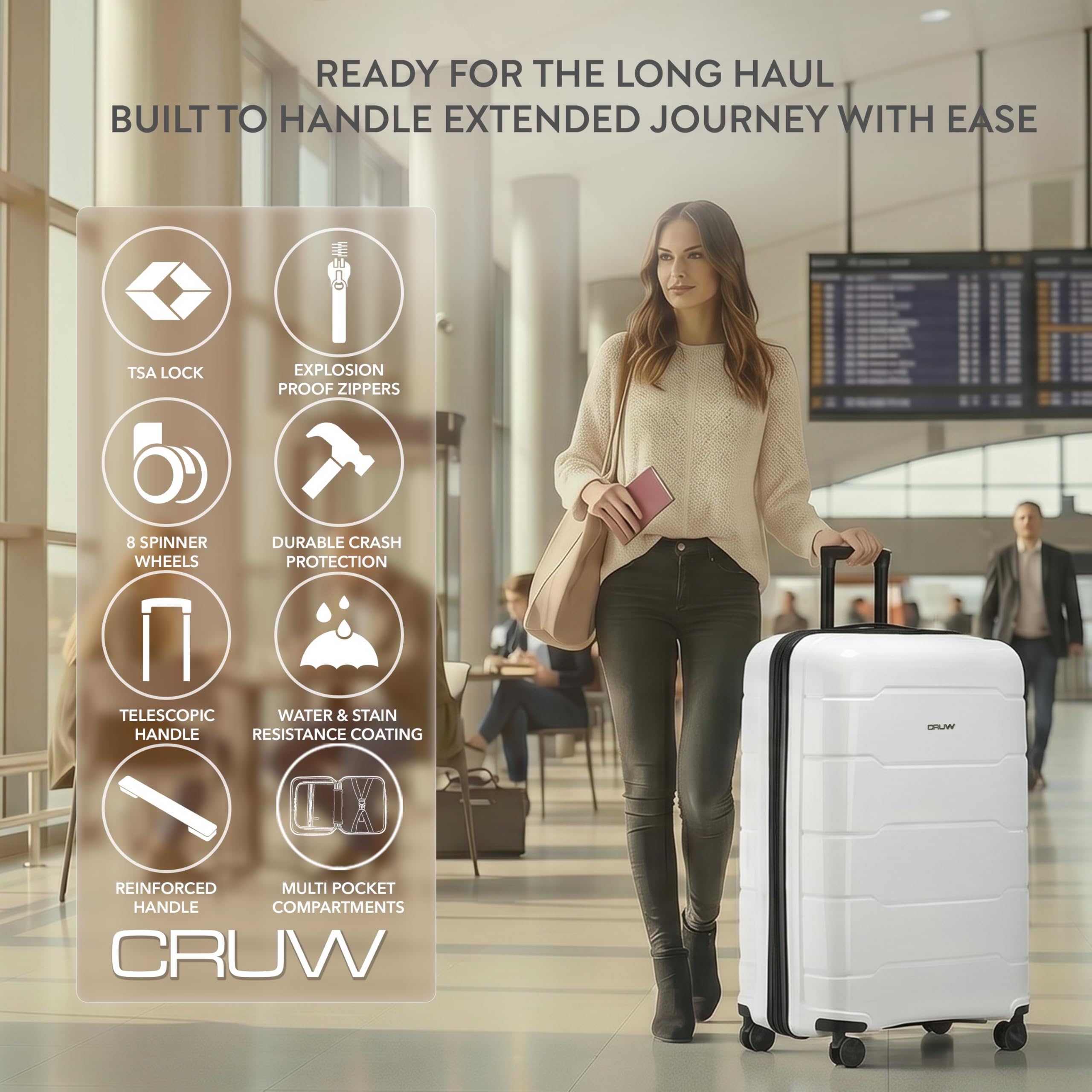 CRUW Large 28" Checked Luggage 77x51x32cm + Expandable Hold Baggage (114/121 Liters) Polypropylene Suitcase TSA Approved Lock 8 Silent Spinner Wheels Lightweight Suitcases Airline-Approved Travel