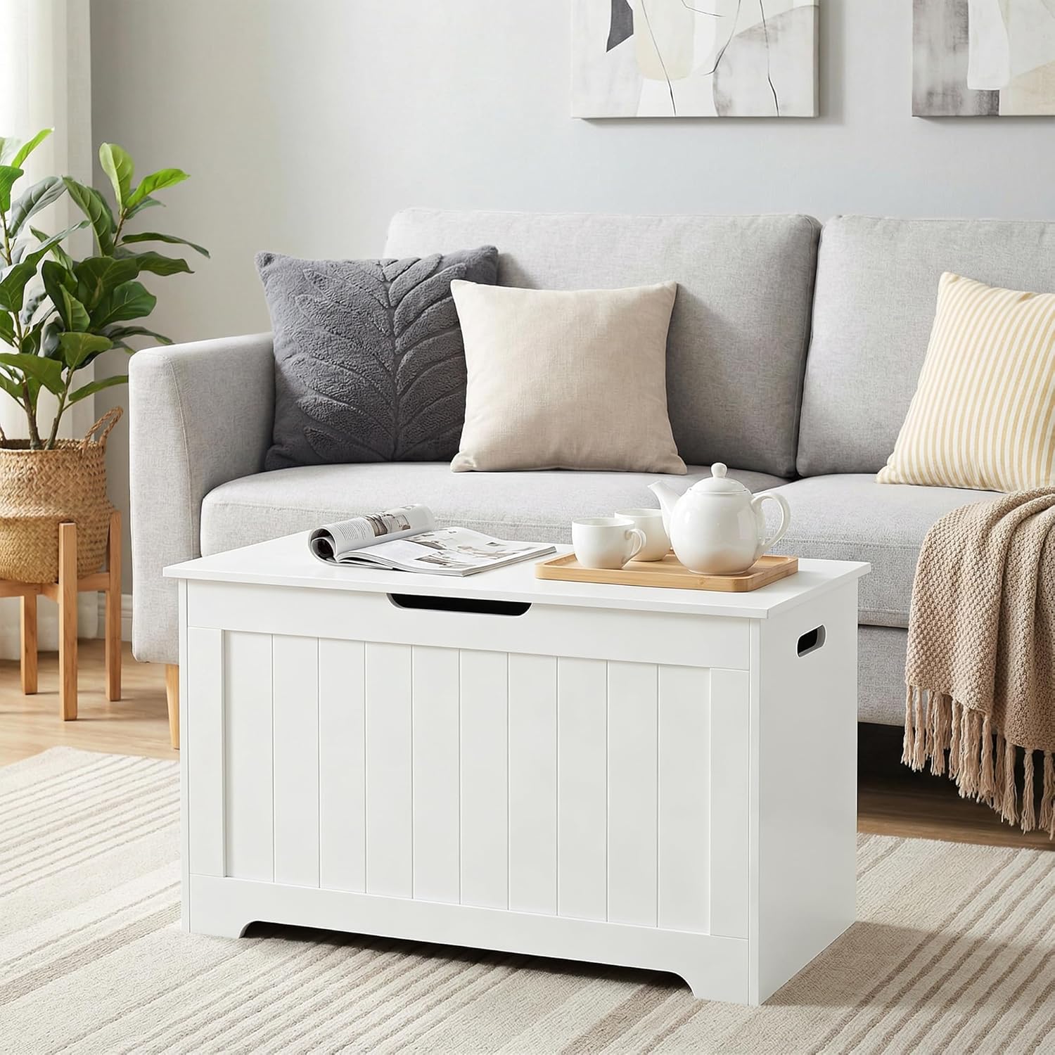 Storage Chest Wooden Trunk Bench with Flip-top Lid & Safety Hinge, Bedroom Living Room Organizer with 100L Storage Area, White