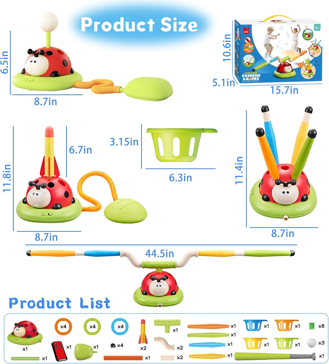 5 in 1 Musical Jump, Bean Bag Toss Ring Game, Baseball Toys and Stomping Launch Rocket Launcher for Kids Remote Control Indoor Outdoor Sports Toys for Kids Ages 4-8 3-5 Birthday Easter Gifts