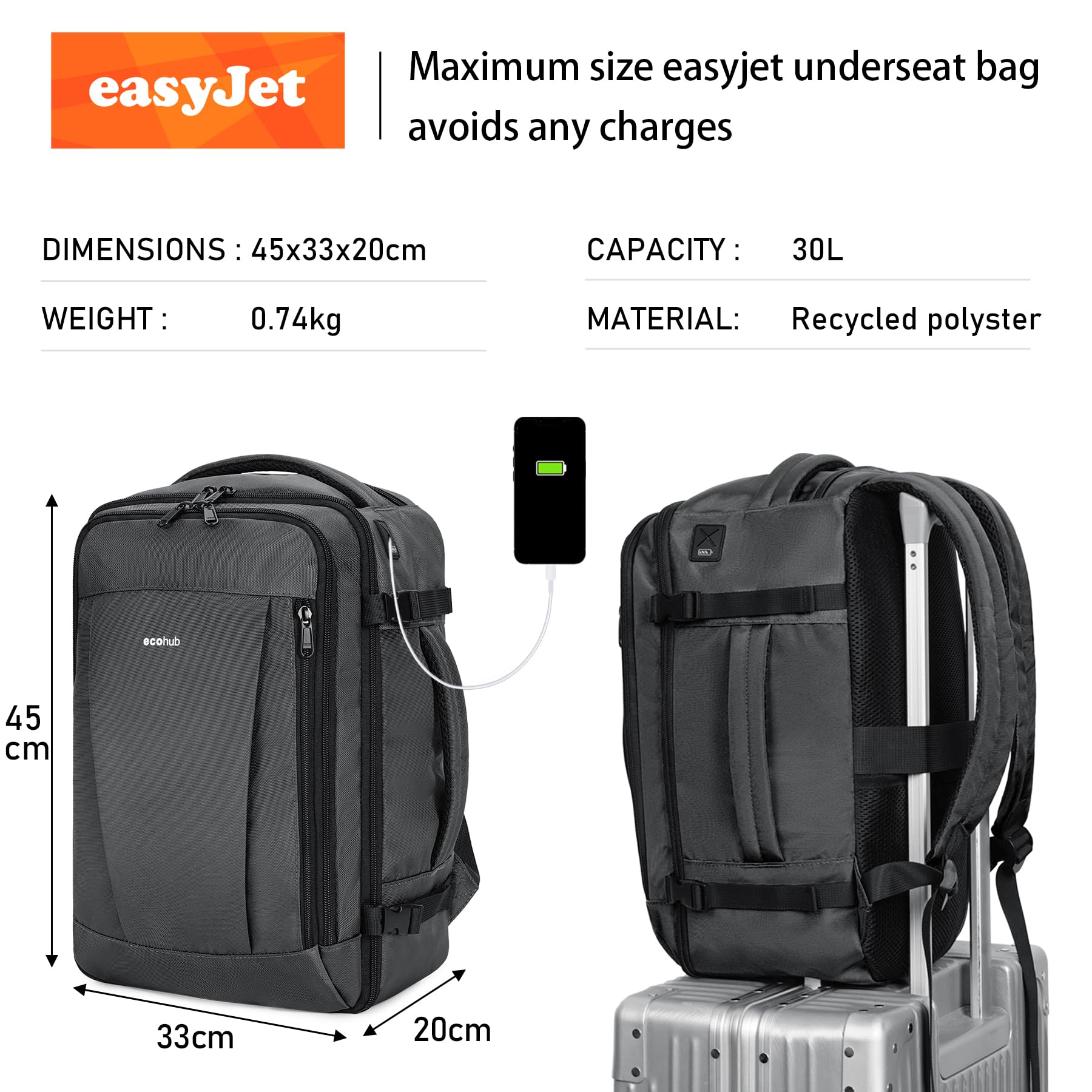 ECOHUB 30L Zaino Bagaglio a Mano, Zaino Easyjet 45x36x20, Sottosedil Zaino da Viaggio Aereo con 13 Tasche, PET Riciclato Grande Borsa da Cabina da Cabina per Uomo Donna, Brevettato(Grigio Chiaro)