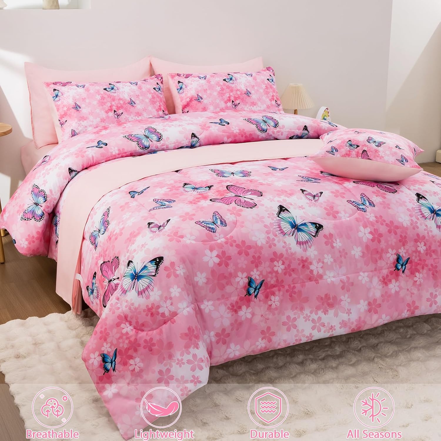 Butterfly Comforter Set Full Size 8 Piece Bed in A Bag Colorful Flowers Leaves Bedding Set for Kids Teens Super Soft All Season - Pink - Image 4