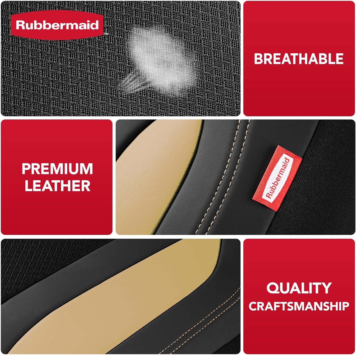 Rubbermaid Leather Mesh Car Seat Covers, Breathable Air Mesh Front Seat Cover, Universal Fit Slip-on Design, Airbag Compatible, Automotive Seat Protector for Most Cars, SUVs, Trucks, Vans-Beige