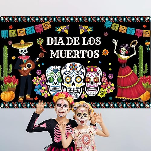 Miniatura 4 de Decoración del Día de los Muertos, gran cartel del Día de los Muertos, telón de fondo para fiesta mexicana, calavera de azúcar, flores, fondo de