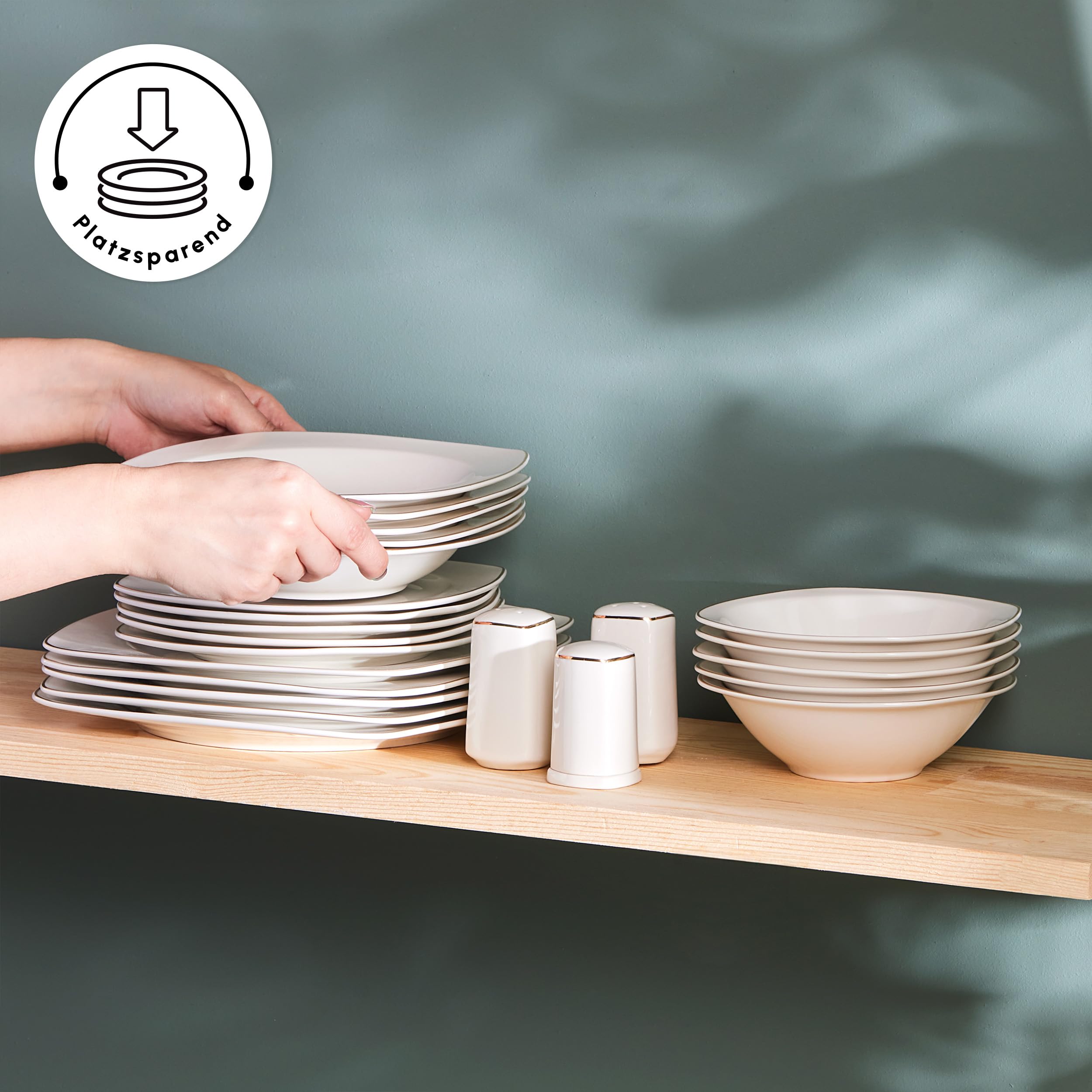 Karaca Square Bone Service de Table 53 Pièces pour 12 Personnes, Porcelaine Fine, Blanc avec Bord Doré, Élégant et Moderne