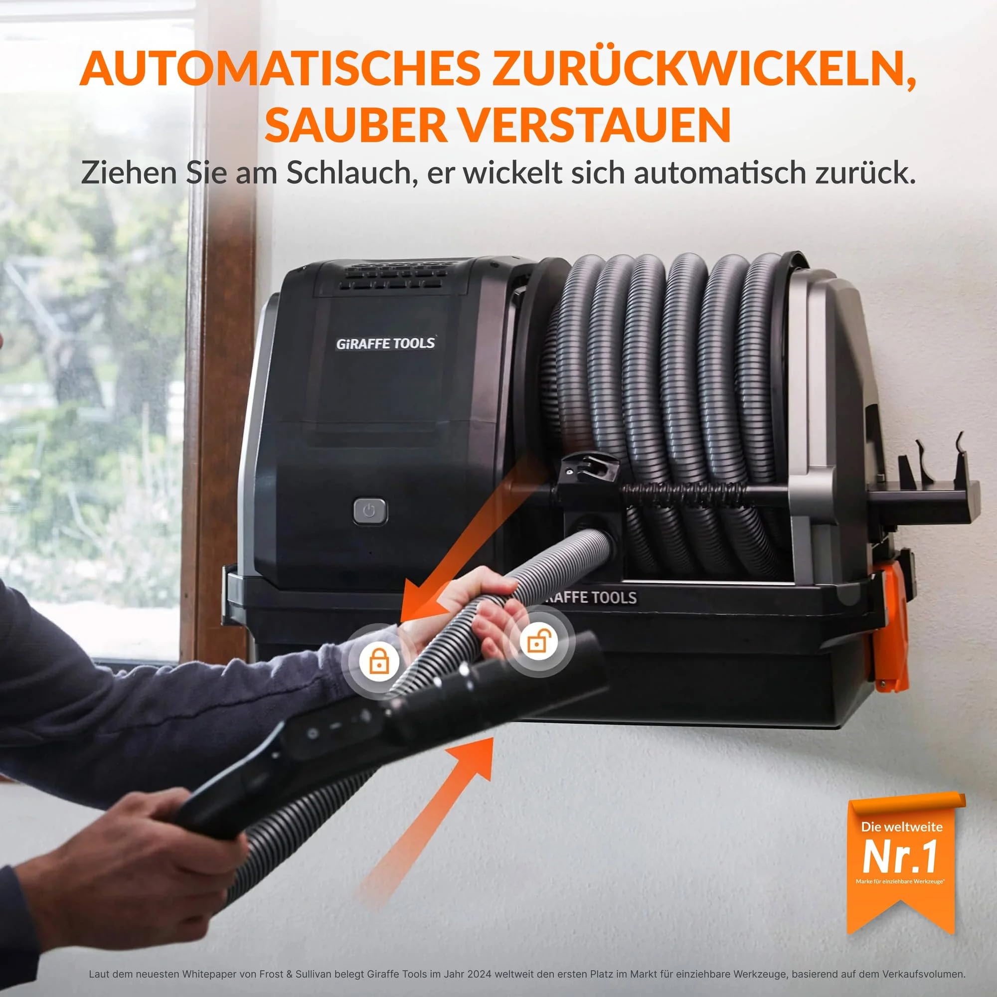 Giraffe Tools Grandstorm Einziehbarer Staubsauger mit 10 m langem, knickfestem Schlauch, wandmontierter Staubsauger mit 6 Düsen für die Garagenreinigung, Fernbedienung, Schwarz