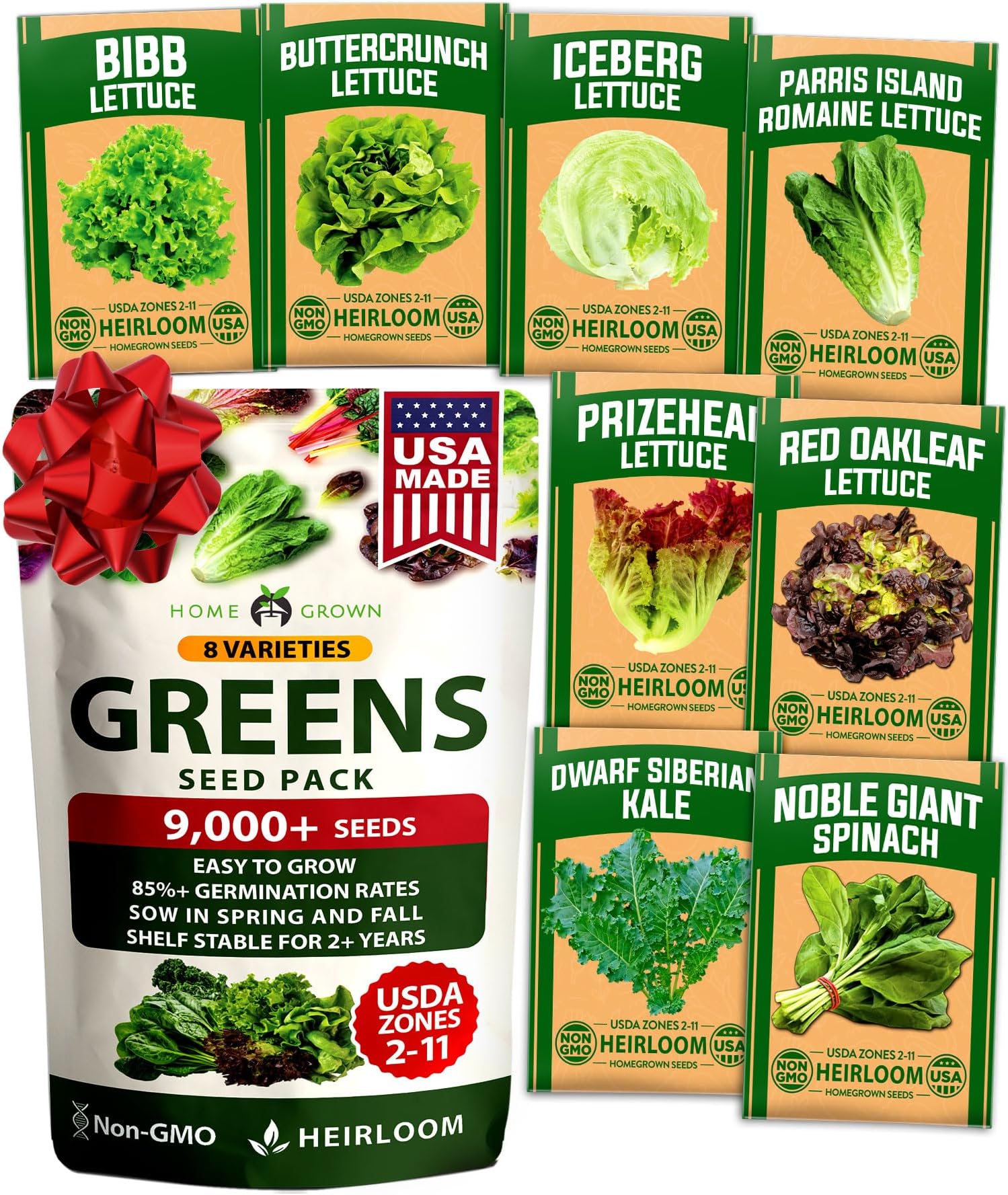 HOME GROWN Lettuce Seeds 8 Variety Mix 9000+ Bulk Pack Heirloom Non-GMO High Germination, Romaine, Bibb, Buttercrunch, Leafy Greens, Indoor Outdoor Hydroponic Garden, Cut & Come Again (Lactuca sativa)