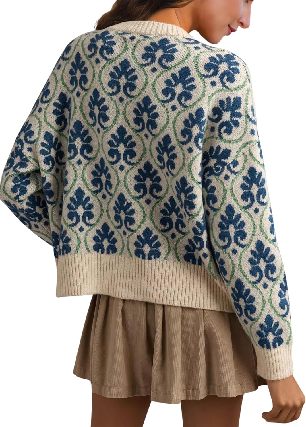 Women Floral Cardigan Sweater Open Front Long Sleeve Button Down Knit Sweater Vintage Outerwear - Image 2