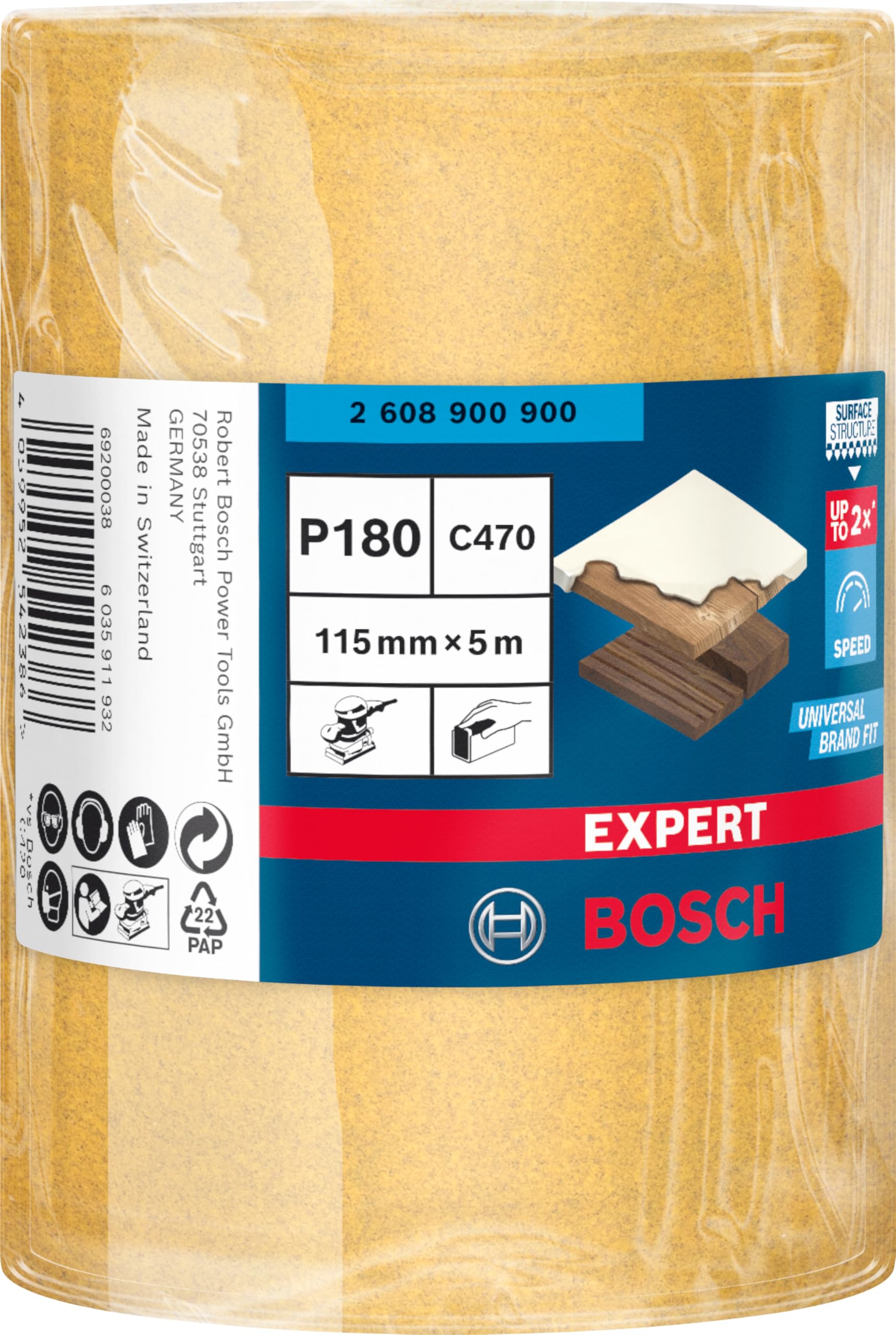 Bosch Professional 1 x Rollos de papel de lija Expert C470, para Madera dura, Pintura sobre madera, Anchura 115 mm, Longitud 5 m, Grano 180, Accesorios Lijado manual