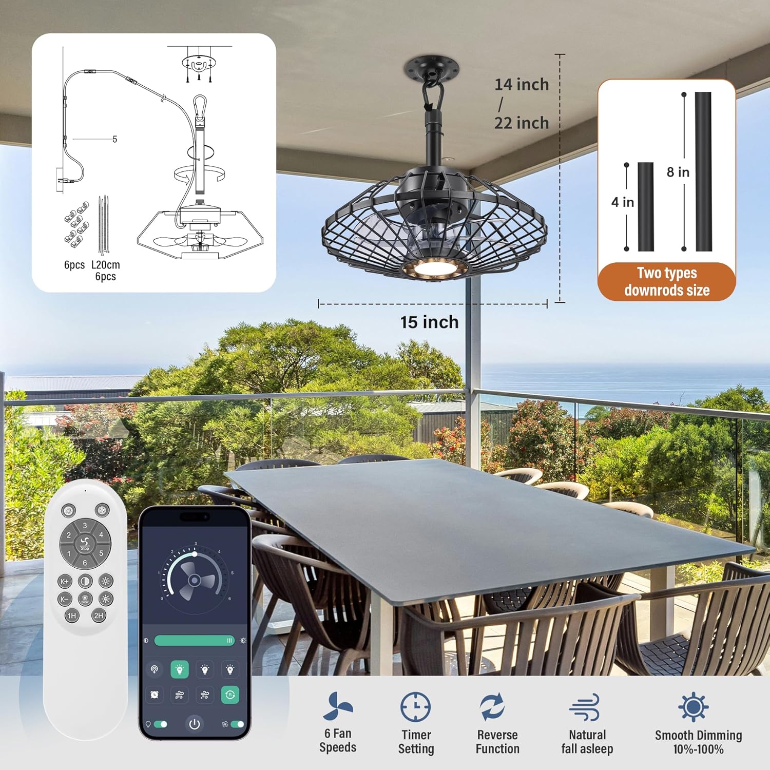 Outdoor Ceiling Fan with Lights, 15" Weatherproof Gazebo Hanging Fan with Remote Control Smart App, Plug in Caged Ceiling Fan with 3CCT Dimmable,Ceiling Fan with Hanging Hook for Porch, Pergola,Canopy