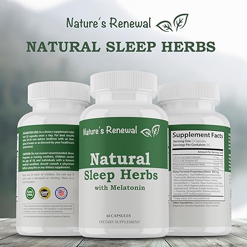 Miniatura 2 de Nature's Renewal Suplemento natural de hierbas para dormir con melatonina, flor de la pasión, L-triptófano, lúpulo, Ashwagandha, manzanilla, 60
