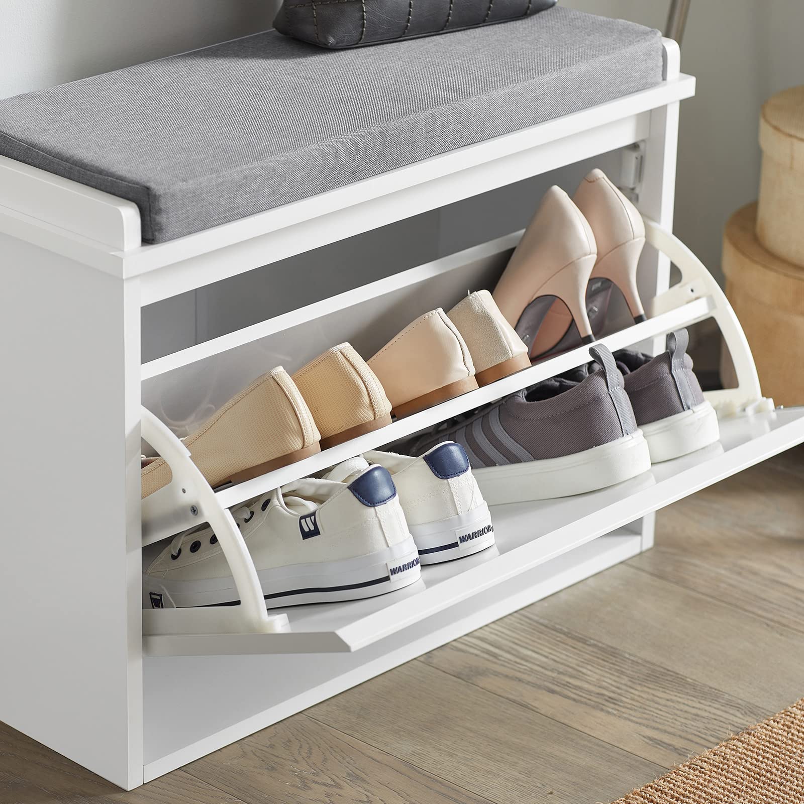 SoBuy Banc Chaussures avec abattant 62x26x45cm pour entrée | Meuble de rangement avec coussin rembourré polyester, MDF E1, pieds antidérapants, charge 150kg, blanc FSR98-W