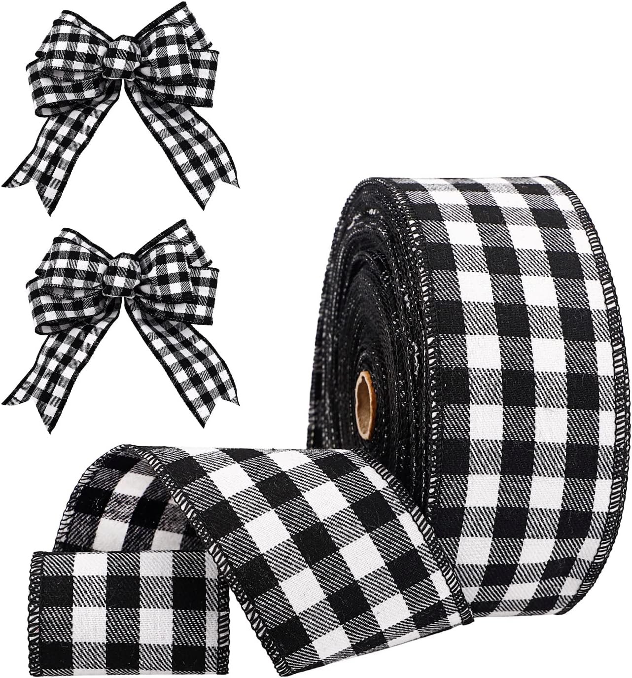 Funarty Black and White Buffalo Plaid Ribbon Christmas Wired Edged Ribbon 2.5 Inches x 24 Yards for Christmas Tree Bows, Wreath Decoration, Gift Wrapping and Crafts