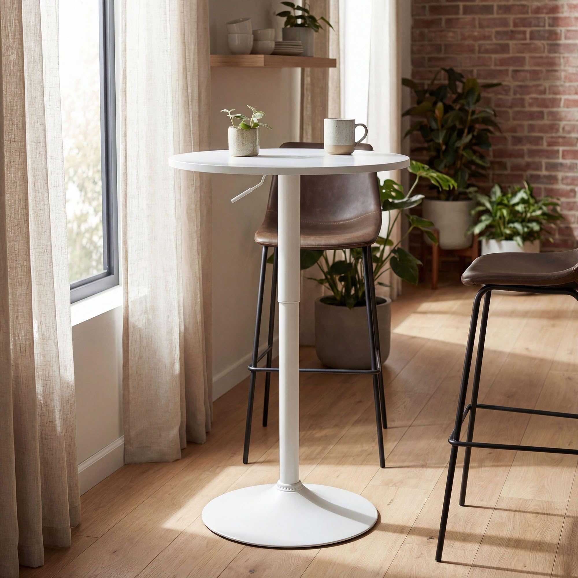 CLP Mesa Alta Redonda Lamoni 60cm, Bar Bistró Regulable en Altura, Giratoria 360 Grados, Estructura Metálica Robusta con Protección Suelo, Color:Blanco/Blanco, Forma:Redondo