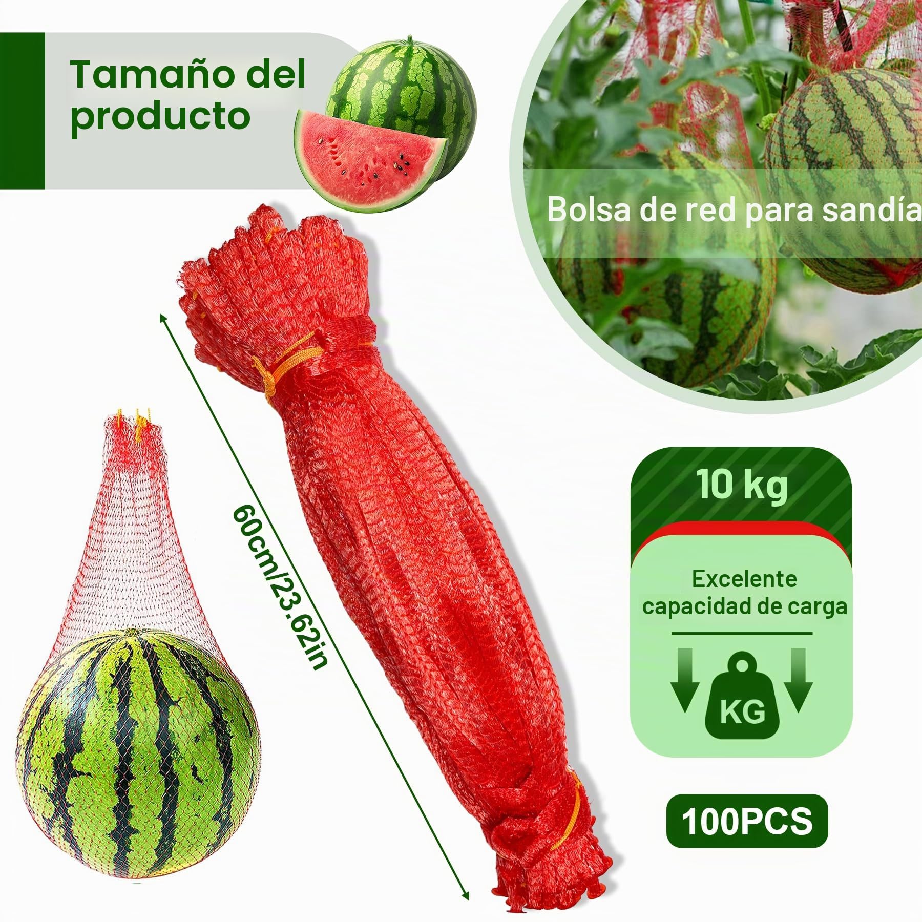 TZEKING 100 Piezas Sbolsas para Reutilizables Más Grueso Redes de Sandía,60cm Bolsas Colgantes de Soporte de Frutas,Redes Melón con Cordón,Aplicable a Frutas, Melones y Protección de Jardines