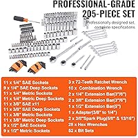 Vista 3 de VEVOR Mechanics Tool Set, 205 Pcs SAE and Metric Sockets, 1/4" 3/8" 1/2" Drive Deep and Standard Sockets, Chrome Vanadium Steel, Polyethylene