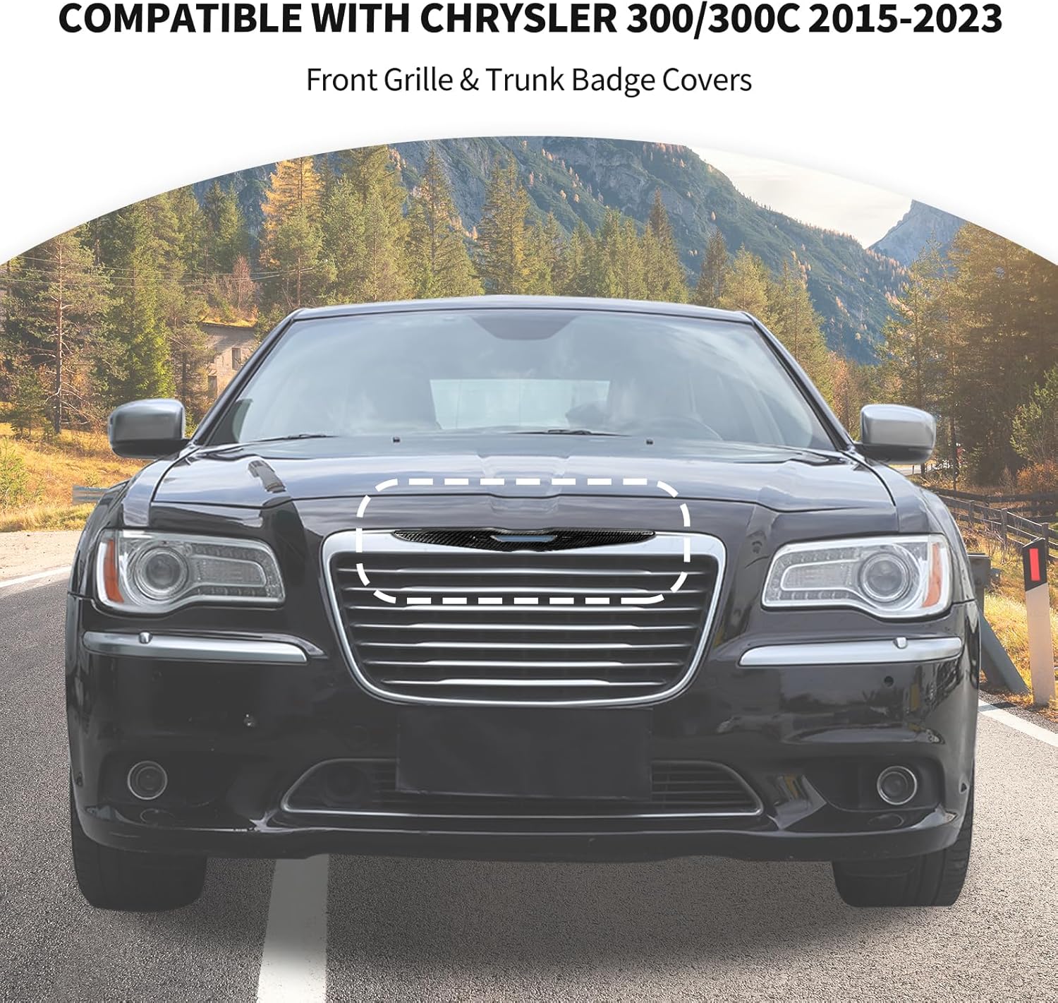 JeCar Front Bumper Grille Rear Trunk Emblem Badge Trim Cover Exterior Accessories Compatible with Chrysler 300 300C 2015-2025, Carbon Fiber