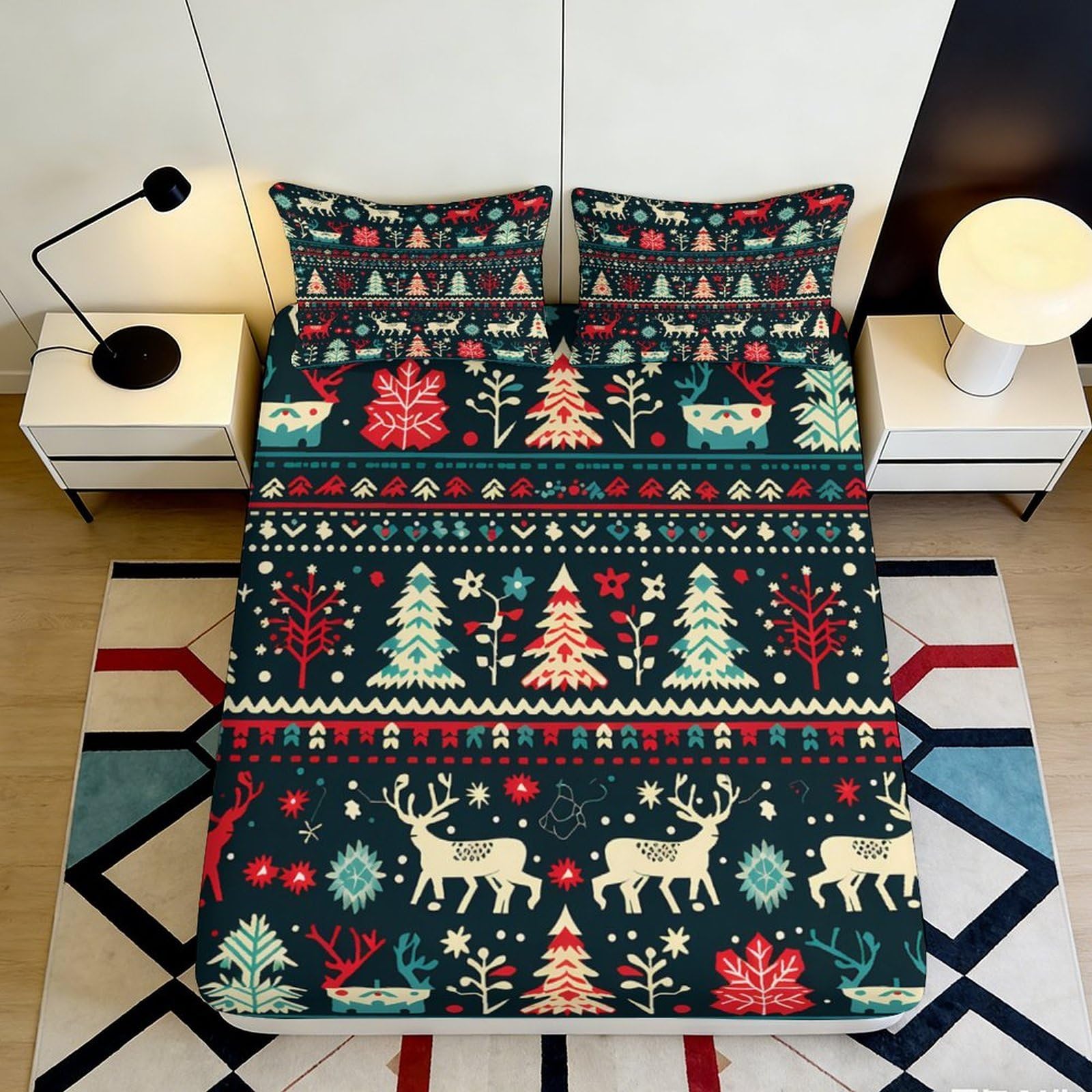 Jqzkxnhpbr Style-10 3D Printed Christmas Tree Fitted Sheet Microfiber Soft Breathable Reindeer Mattress Cover For Bedroom Guest Room Decor 90X200x25cm