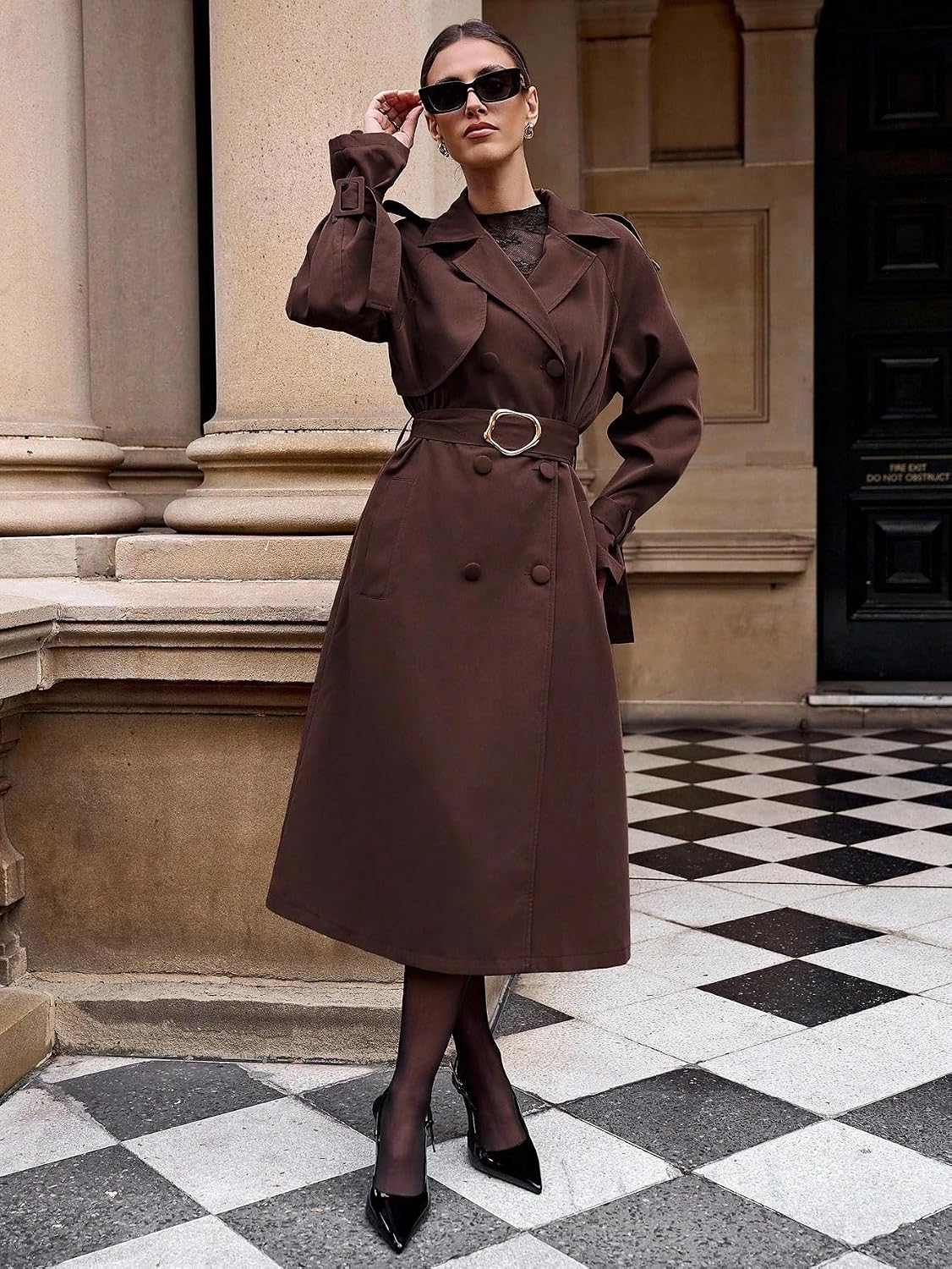 Womens Fashion Trench Outwear Brown Button Trench Coat Jacket Coat