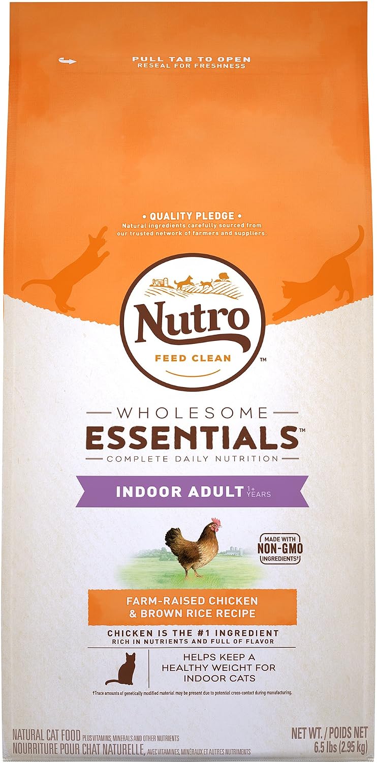 NUTRO WHOLESOME ESSENTIALS Indoor Adult Natural Dry Cat Food Farm-Raised Chicken & Brown Rice Recipe, 6.5 lb. Bag
