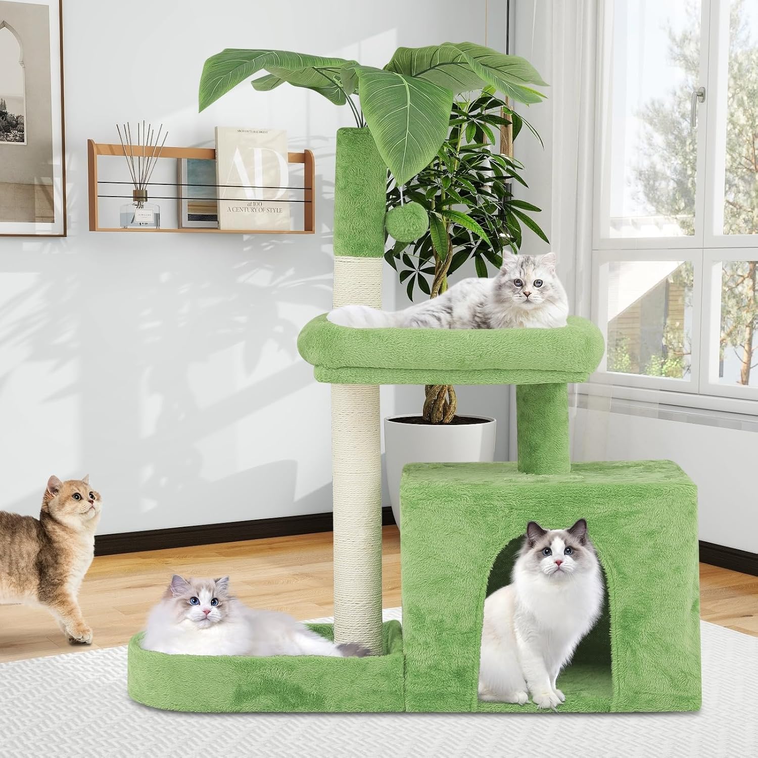 Athena Collection Small Cat Tree Tower with Scratching Post, 32 Inch Modern Cute Cat Tree Condo with Cozy Perch Haing Ball Green Leaves for Kittens Indoor Playing, Light Green