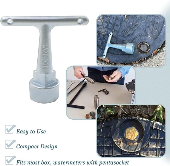 Folde Water Meter Wrench & Curb Stop Wrench for Pentagon Curb Boxes, Water Meter Cover Key