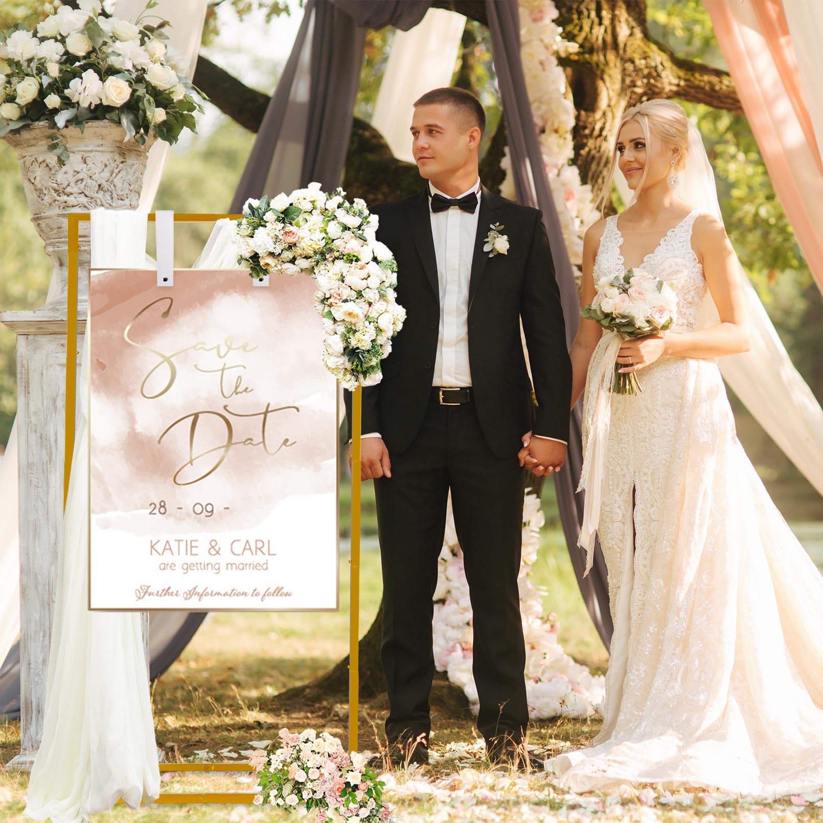 Nwvuop Supporto regolabile per cartello nuziale, cavalletto in metallo per cartello di benvenuto per matrimonio (oro)