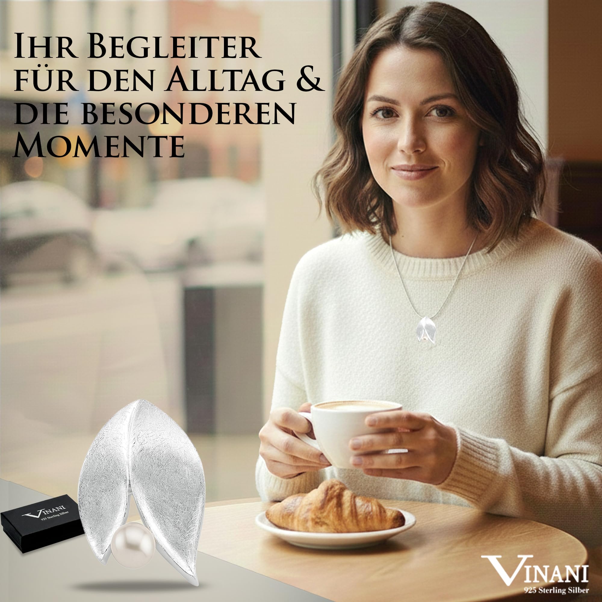 Vinani Anhänger 2 Blätter mit Süßwasserzuchtperle elegant gebürstet Sterling Silber 925 Natur Perle 2ABE-EZ