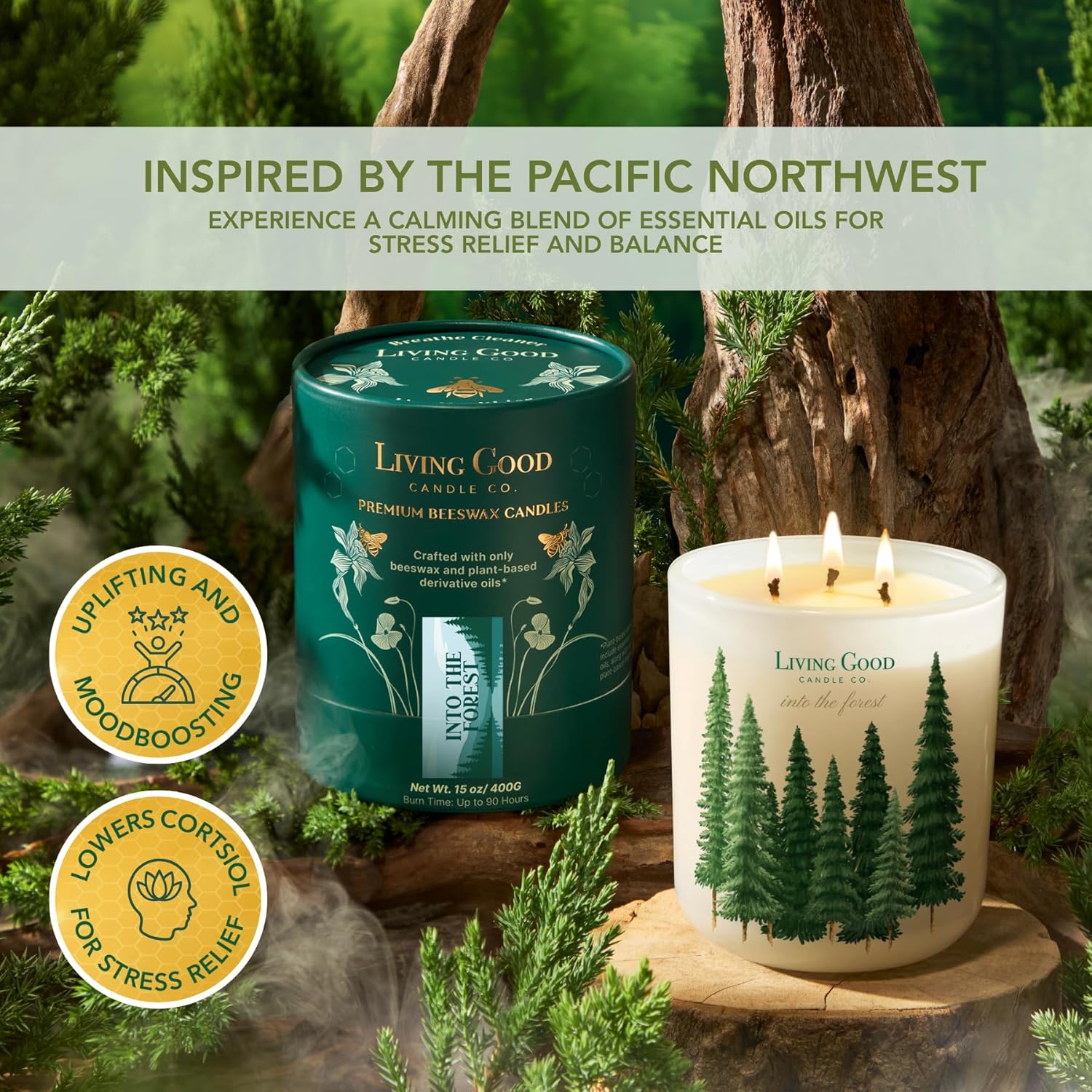 Into The Forest – Pine & Eucalyptus Essential Oils – Pure Beeswax Candle – Fresh, Calming Aromatherapy for Stress & Anxiety Relief – 90+ Hour Burn – Inspired by the Pacific Northwest - 15 Oz