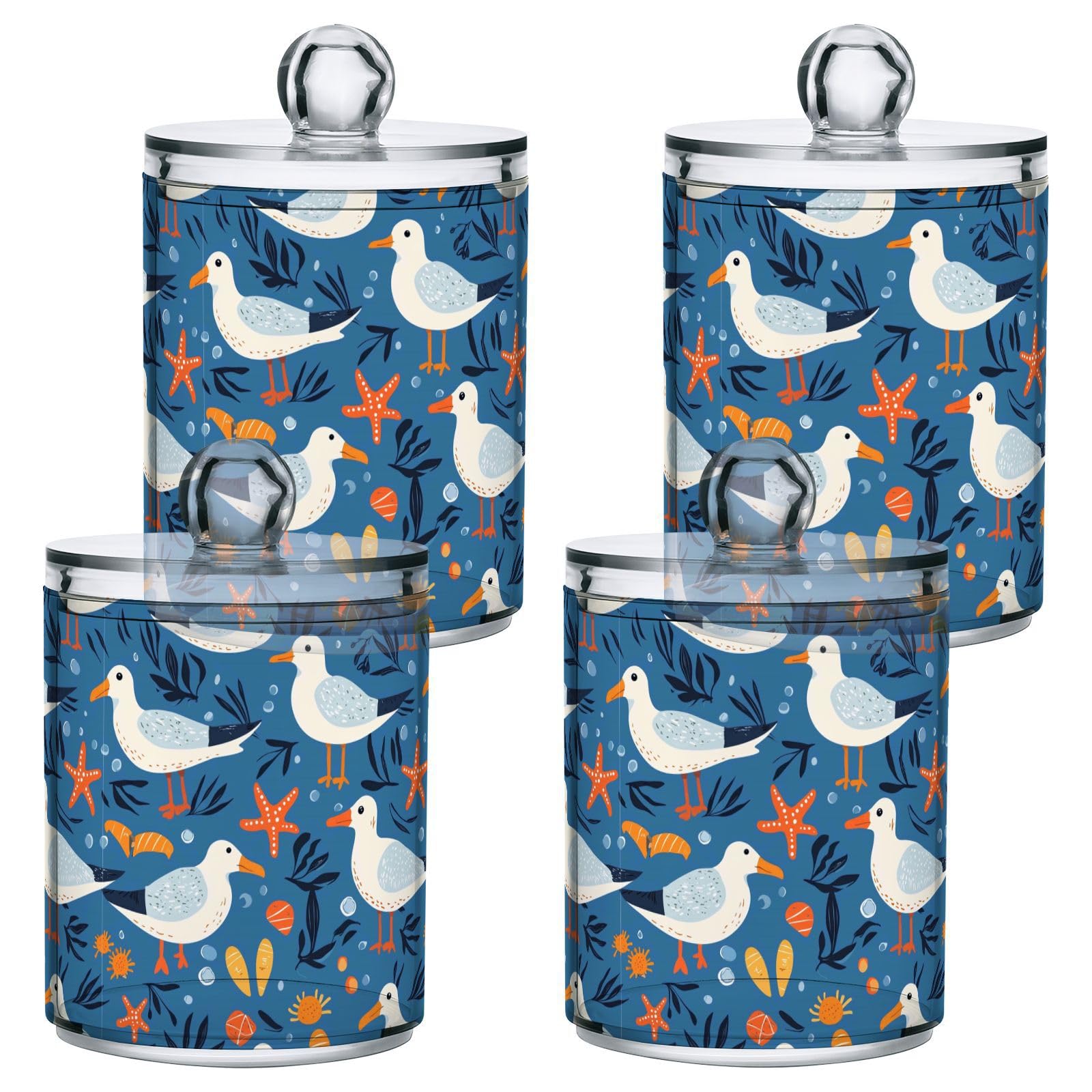 Gredecor 2 Pack Qtip Holder Clear Seagulls Birds (1) Apothecary Jars with Lids Acrylic Bathroom Jars Vanity Countertop Canister Storage Organizer for Cotton Ball,Swabs,Pads,Floss