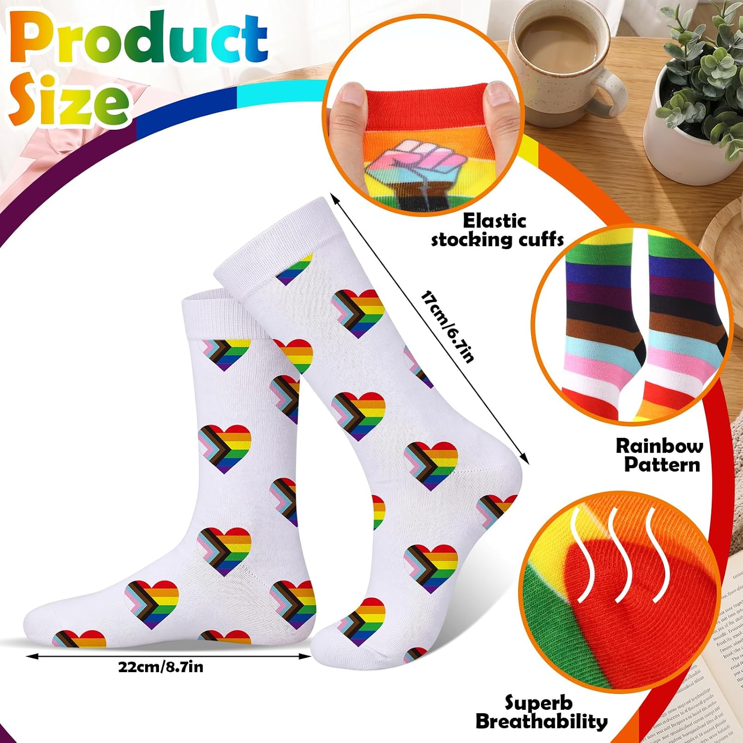 Janmercy 8 Pairs Pride Month Rainbow Cotton Novelty Socks Lgbt Colorful Striped Socks Lesbian Gay Pride Ally Gift for Women Man
