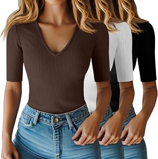 Riyiper 3 Pack Women's Half Sleeve Top Elbow Length Ribbed Cotton T Shirt Women V Neck Summer Tee Slim Fit Casual Blouses