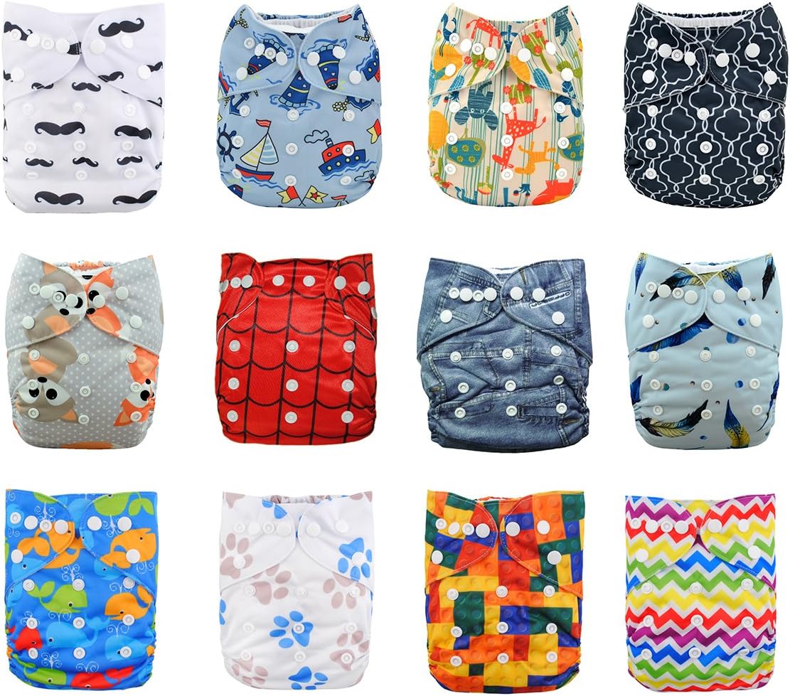 Babygoal Baby Cloth Diapers,One Size Adjustable Reusable Pocket 12pcs Diapers+12pcs Charcoal Bamboo Inserts+Wet Bag+4pcs Baby Wipes 12fn46-3