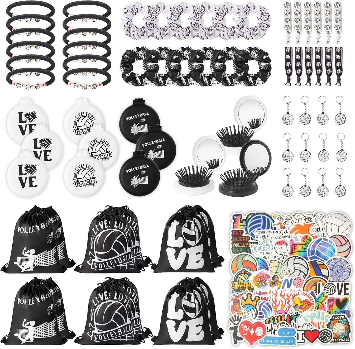 March Madness & Easter Volleyball Gifts 102Pcs Set: 12 Drawstring Bags, Mirror Brushes, Hair Ties, Keychains, Bracelets & Stickers, Ideal Coach Team Gifts & Volleyball Party Favors