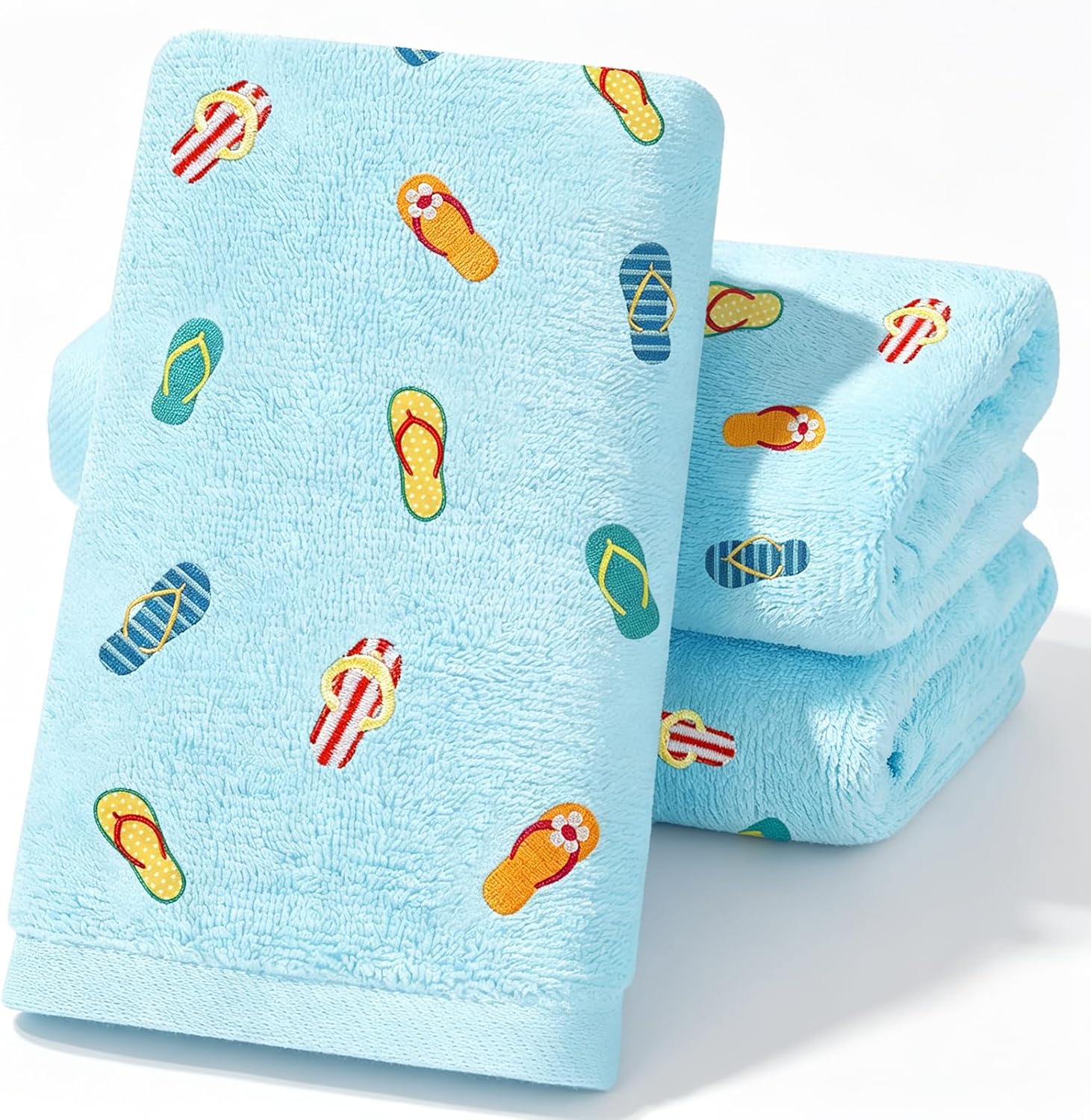FYSUIMU 3 Pcs Summer Hand Towels Bath Towels Blue Flip-Flop Embroidered Absorbent Cotton Dish Towel for Home Bathroom Kitchen Hand Drying Cleaning Cooking, 29.5 x 13.7 Inch