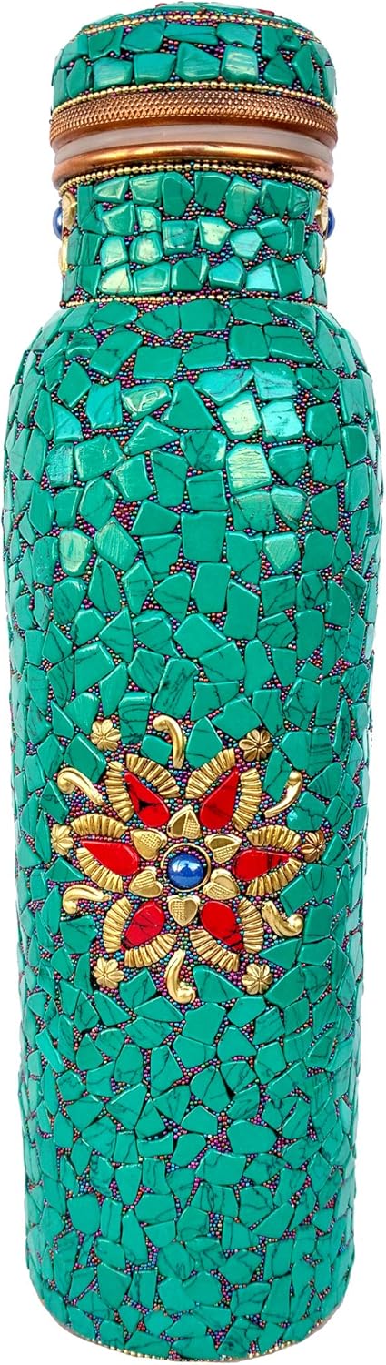 Rastogi Handicrafts New Joint Less Water Pure Copper Bottle 950 ml Stone Work Decorative Unique International Design (Green Stone Bottle)