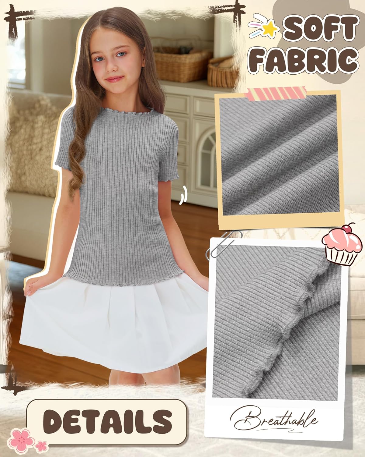 3 Pack Girls Ribbed Knit Lettuce Trim T-Shirts 5-14Y Short Sleeve Kids Boat Neck Slim Fit Trendy Casual Layer Tops - Image 5