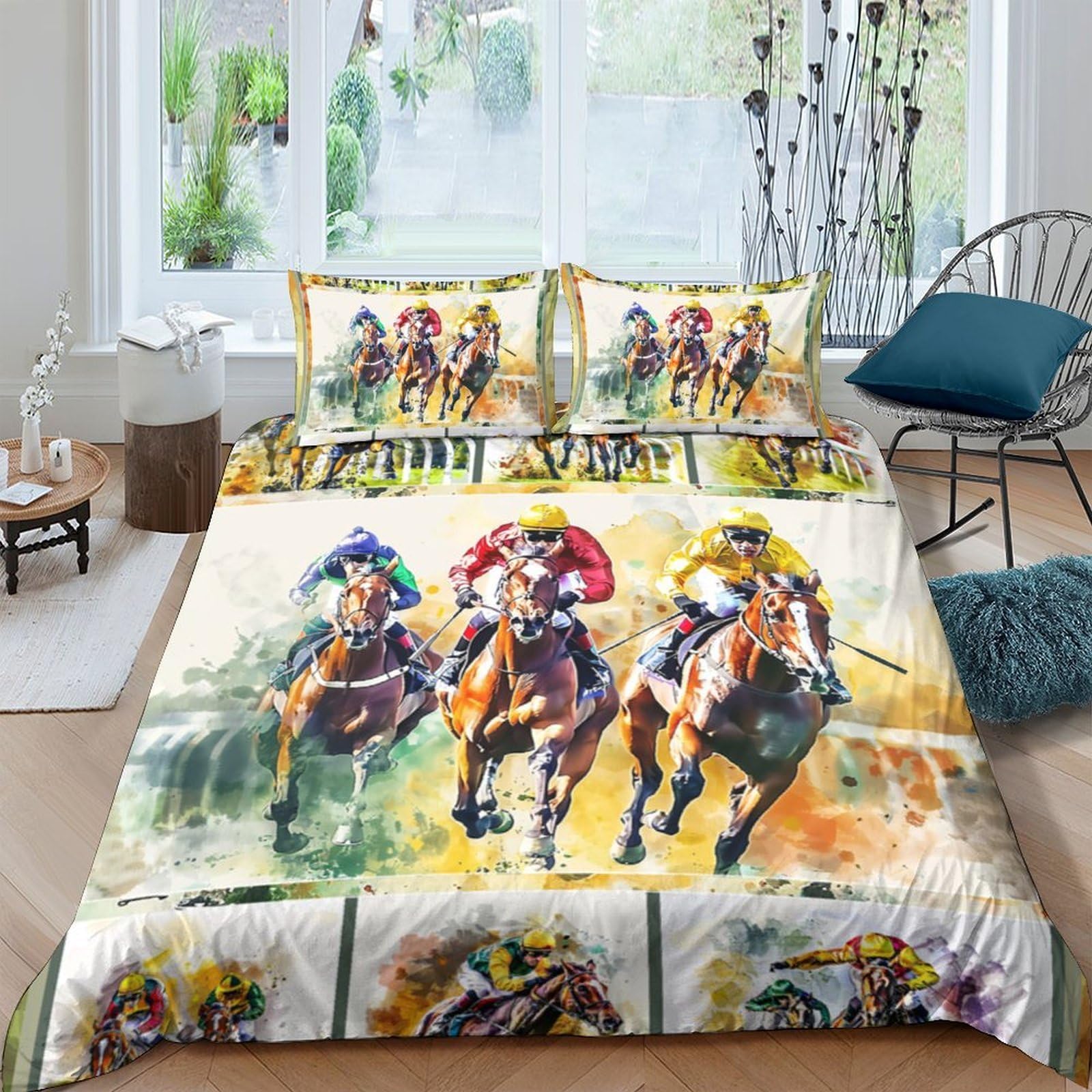 Ctjqhvkz Style-2 3D Printed Horse Racing Fitted Sheet Microfiber Soft Anti-Slip Mattress Cover For Bedroom Guest Room Artistic Decor Easy Care Single（135X200cm）