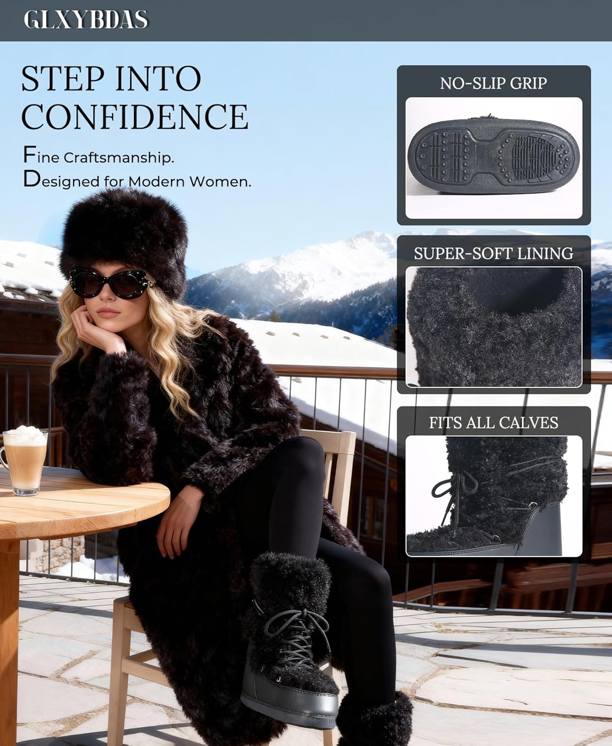 Fuzzy Fur boots for Women - Furry Winter Snow Boots Fluffy Waterproof Mid Calf Boots For Outdoor Flat Shoes