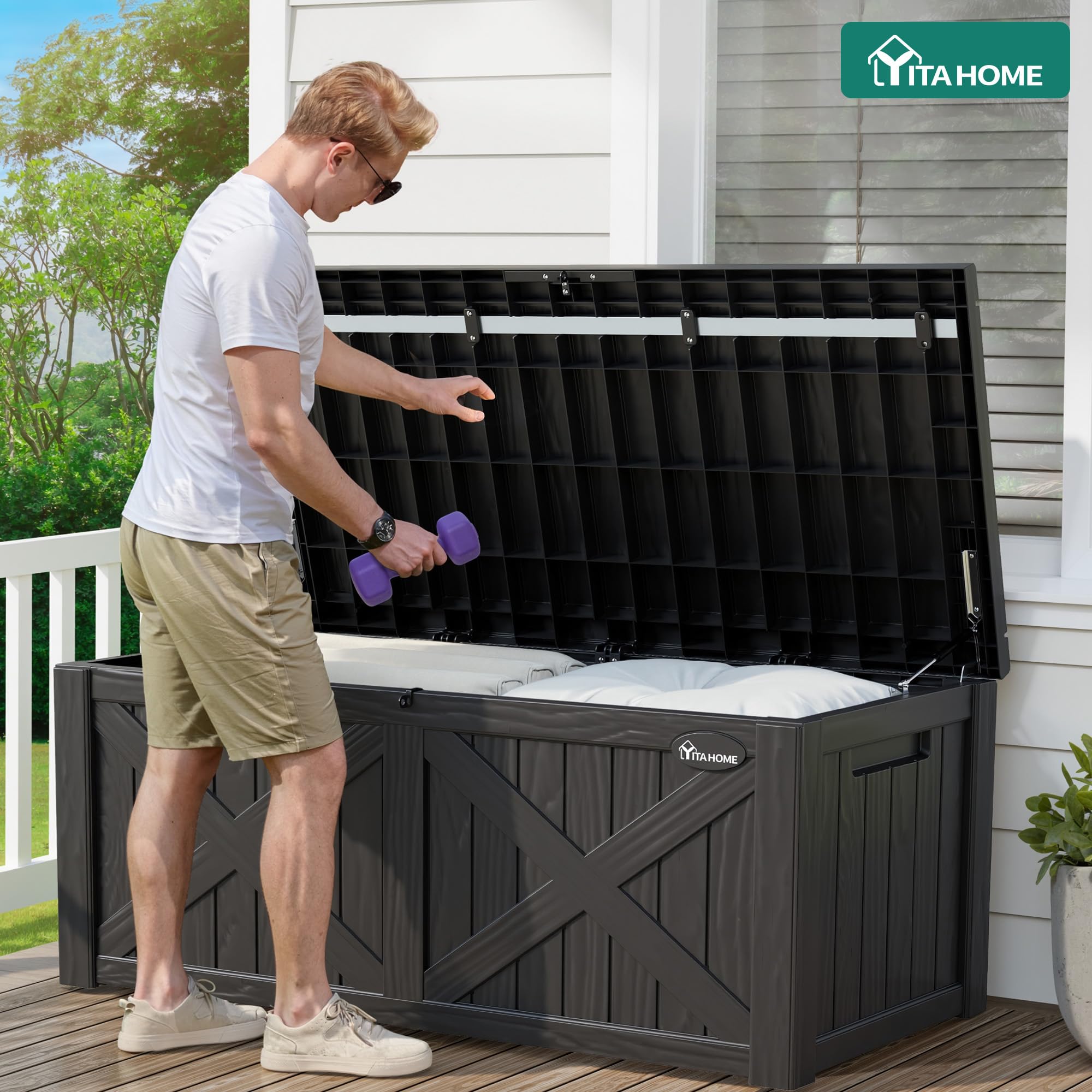 YITAHOME Große Aufbewahrungsbank 450 Liter mit X-Front, Wetterfeste Outdoor-Sitzbank, Resin Gartenbox für Terrassenkissen, Poolzubehör, Gartengeräte - Abschließbar,Schwarz