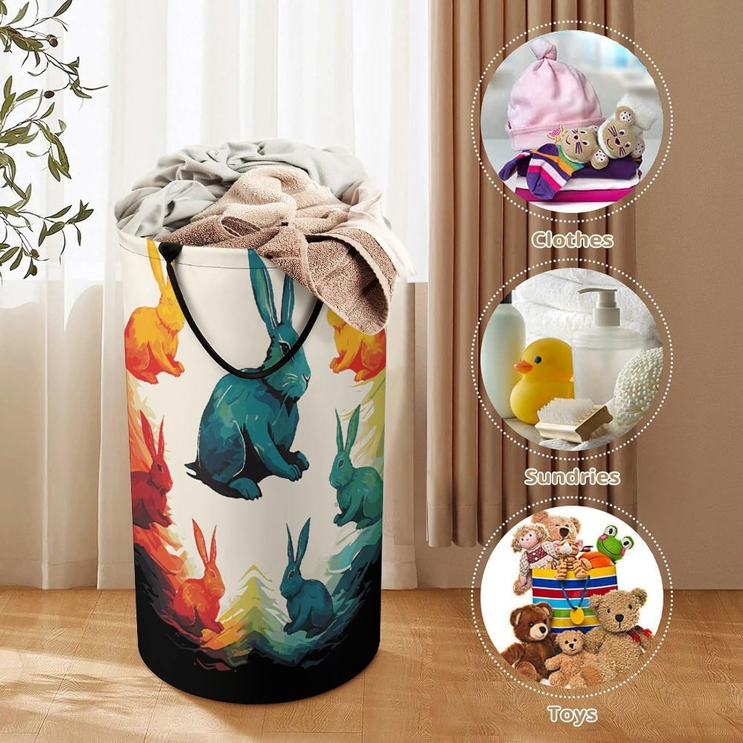 Rainbow RabbitLaundry Hamper - Large Dirty Clothes Bag.Storage Basket for Easy Carry Handles. Large Clothes Basket with Handles, Clothing Storage Bucket Toy Organizer for Bathroom Bedroom Dorm.