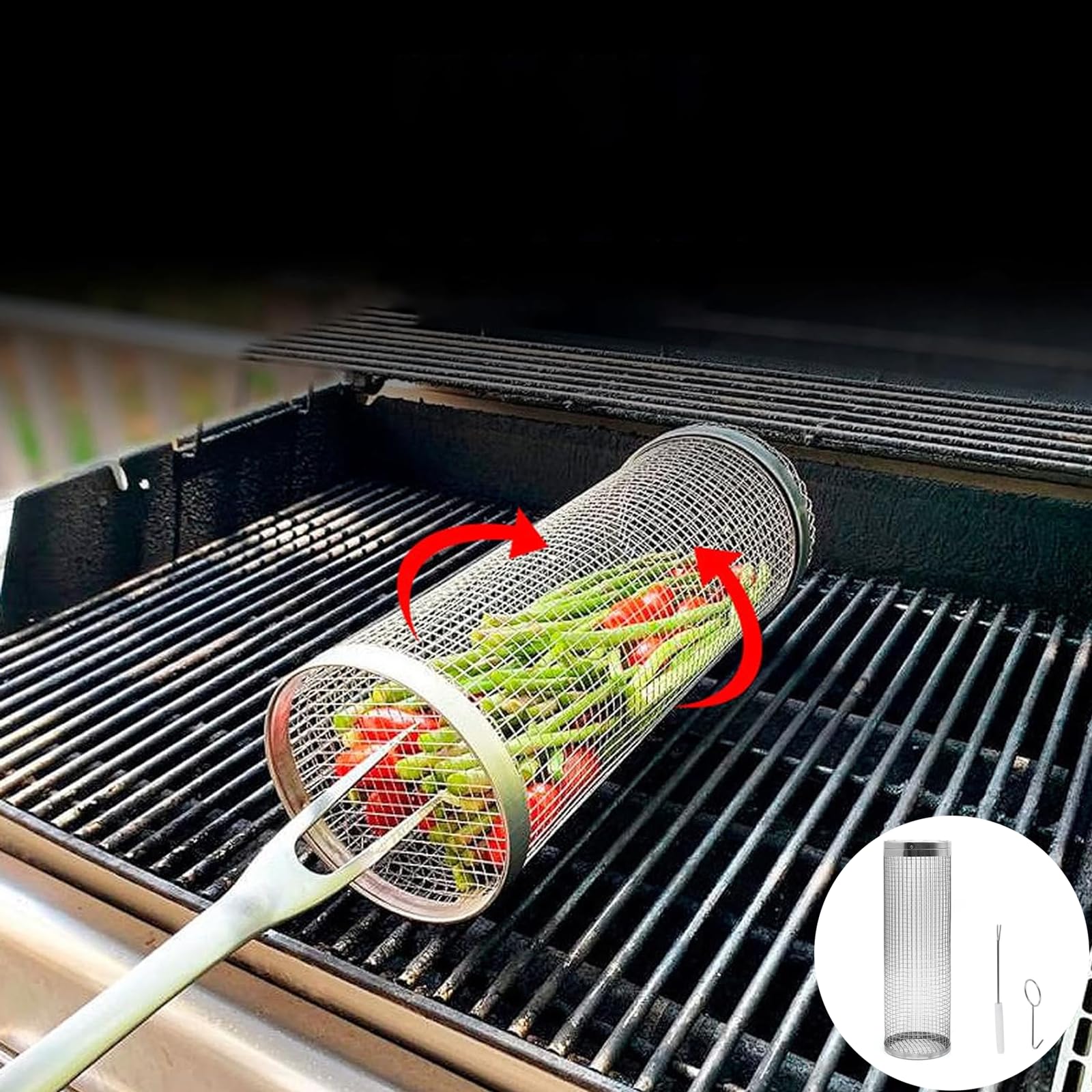 Rolling Grilling Basket, Wire Mesh Cylinder Grill Basket,Round Vegetable Grill Rack,Portable Outdoor Camping Barbecue Rack 30x9.5cm with fork and hook