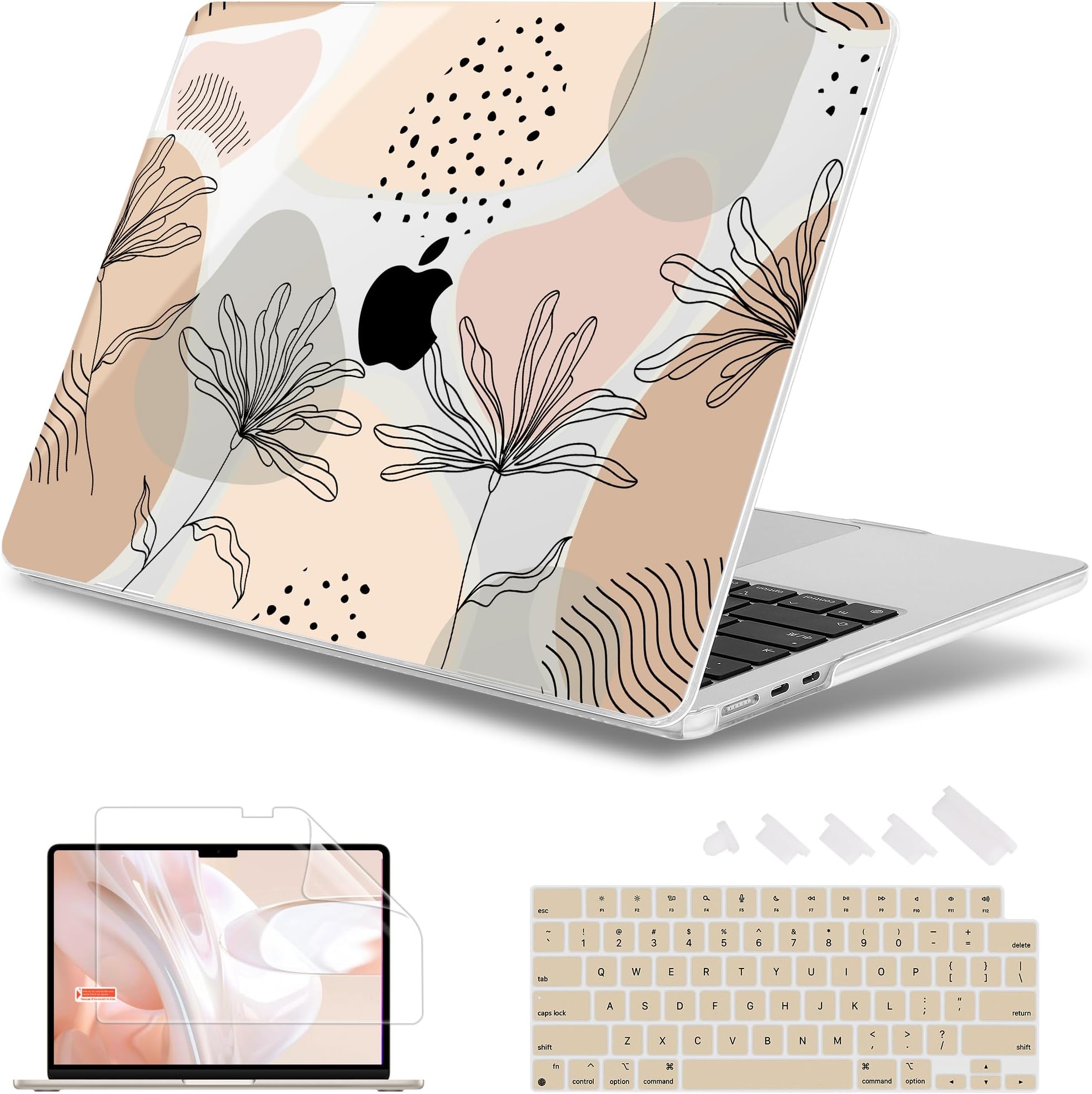 May Chen Compatible with MacBook Air 13.6 Inch Case 2024 2023 2022 Release Model A3113 M3 A2681 M2 Chip, Plastic Hard Shell Case for MacBook Air 13.6" with Liquid Retina Display, Flowers and Leaves