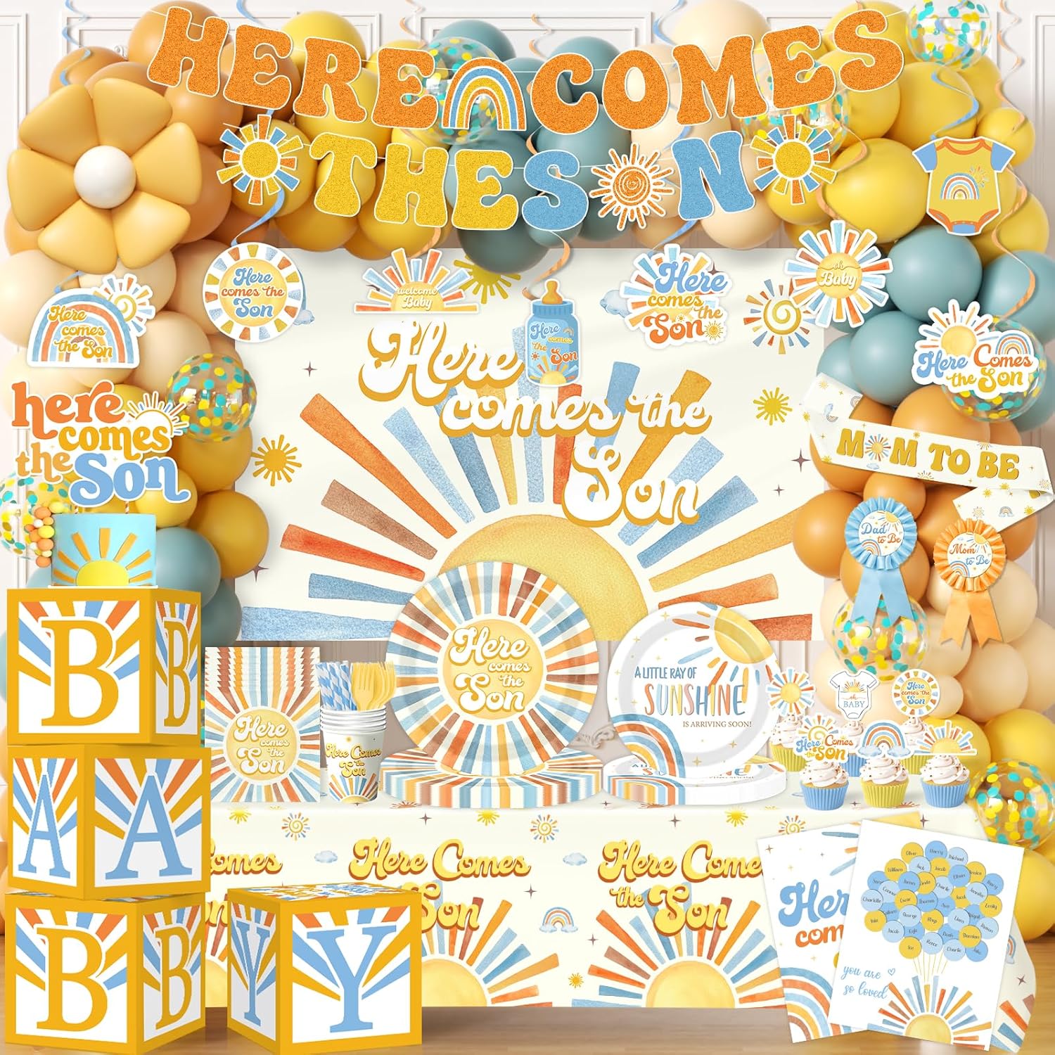 Here Comes the Son Baby Shower Decor for Boy, All-in-1 Boho Retro Sunshine Baby Shower Decorations with Balloon Arch Baby Boxes Rainbow Plates Napkins Cake Topper Tablecloth Backdrop It’s A Boy Decor