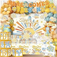Vista 1 de Here Comes the Son Baby Shower Decor for Boy, All-in-1 Boho Retro Sunshine Baby Shower Decorations with Balloon Arch Baby Boxes Rainbow Plates