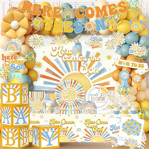 Miniatura 1 de Here Comes the Son - Decoración para baby shower para niño, todo en 1, decoración bohemia retro para baby shower con arco de globos, cajas de bebé,