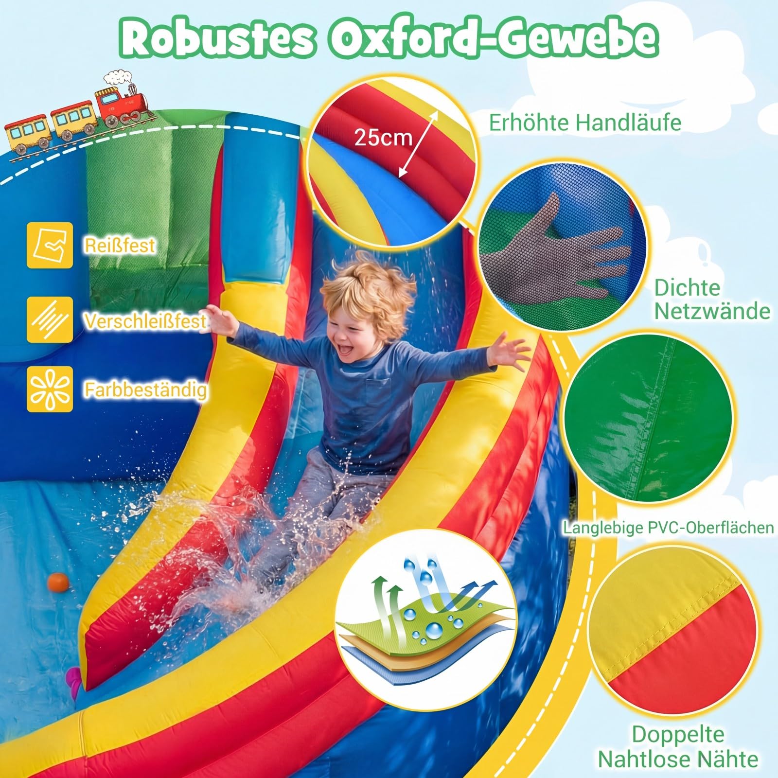 COSTWAY Hüpfburg mit Wasserrutsche, Sprungbereich, Planschbecken, Wasserkannonen, Boxsack, Ringwurfspiel, Zielspiel, Ozeanbälle & Basketball, Wasserhüpfburg für Kinder, Wasserpark für Außenbereich
