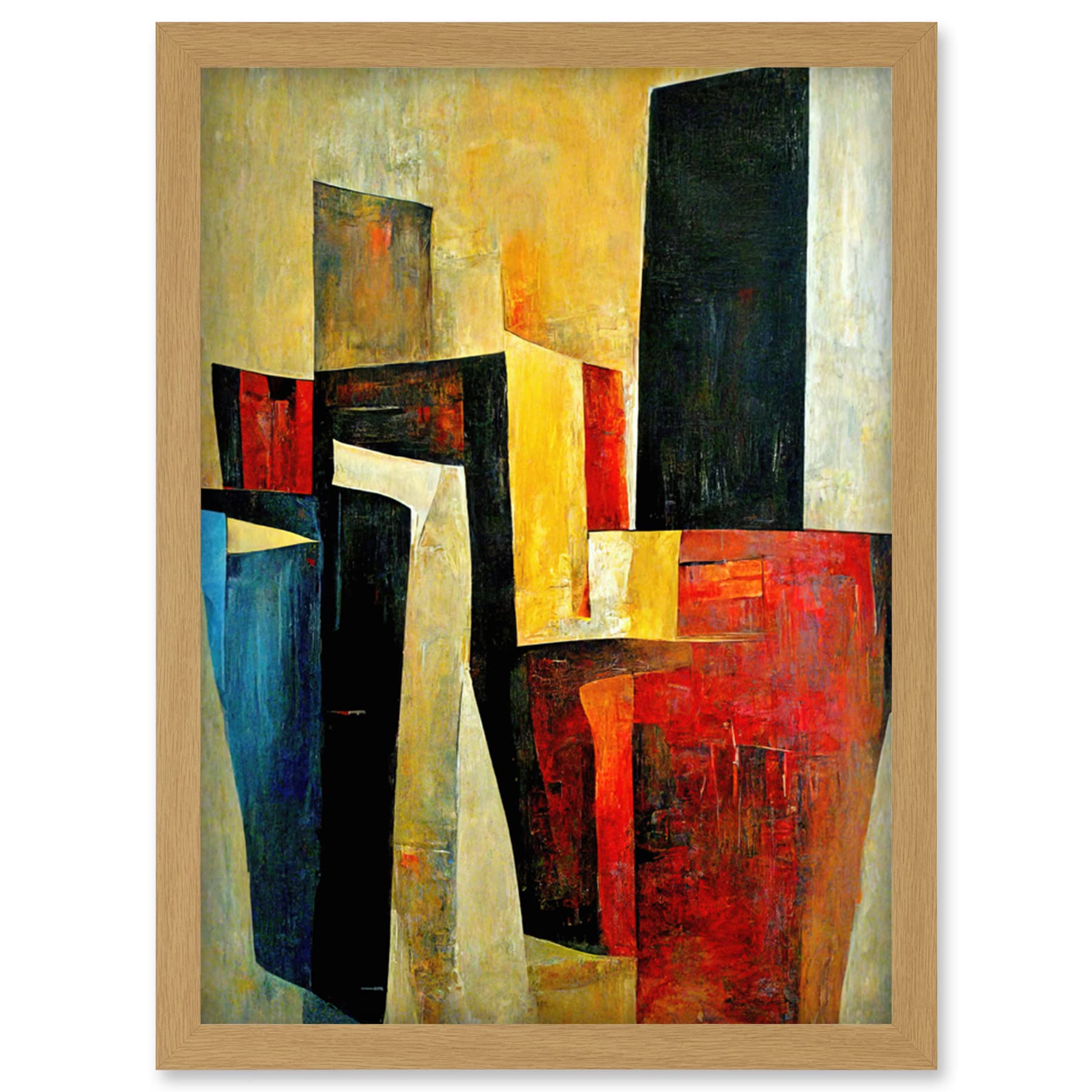 Artery8 Bold Modern Abstract Cubism Framed Acrylic Painting Artwork Print A4 - Light Oak Frame